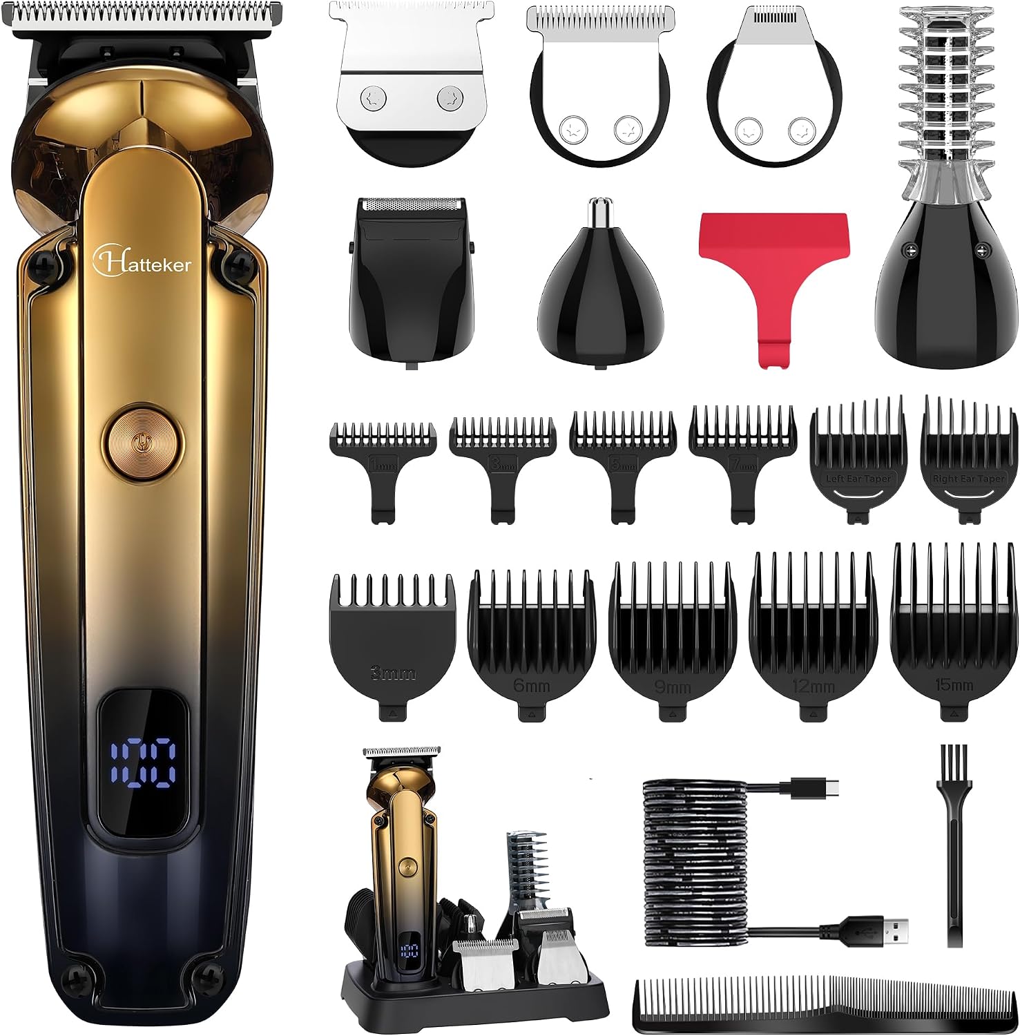 Detalle de Hatteker 6-in-1 Kit Professionale: Trimmer T-blade Zero Gap, Tagliacapelli e Grooming completo per Uomo