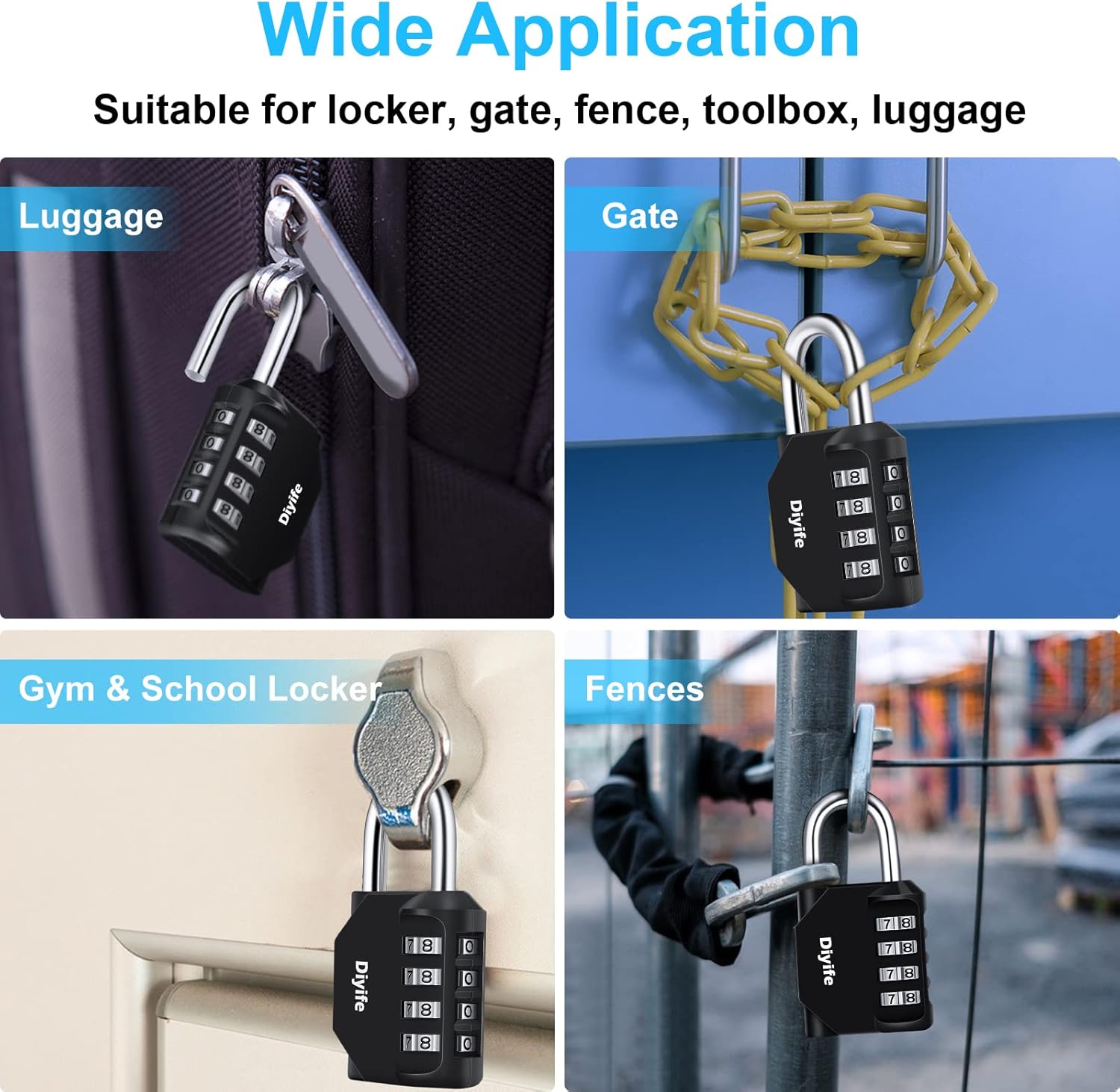Thumbnail 5 de Diyife 4-Digit Combination Padlock (3 Pack) for outdoor lockers, sheds & fences
