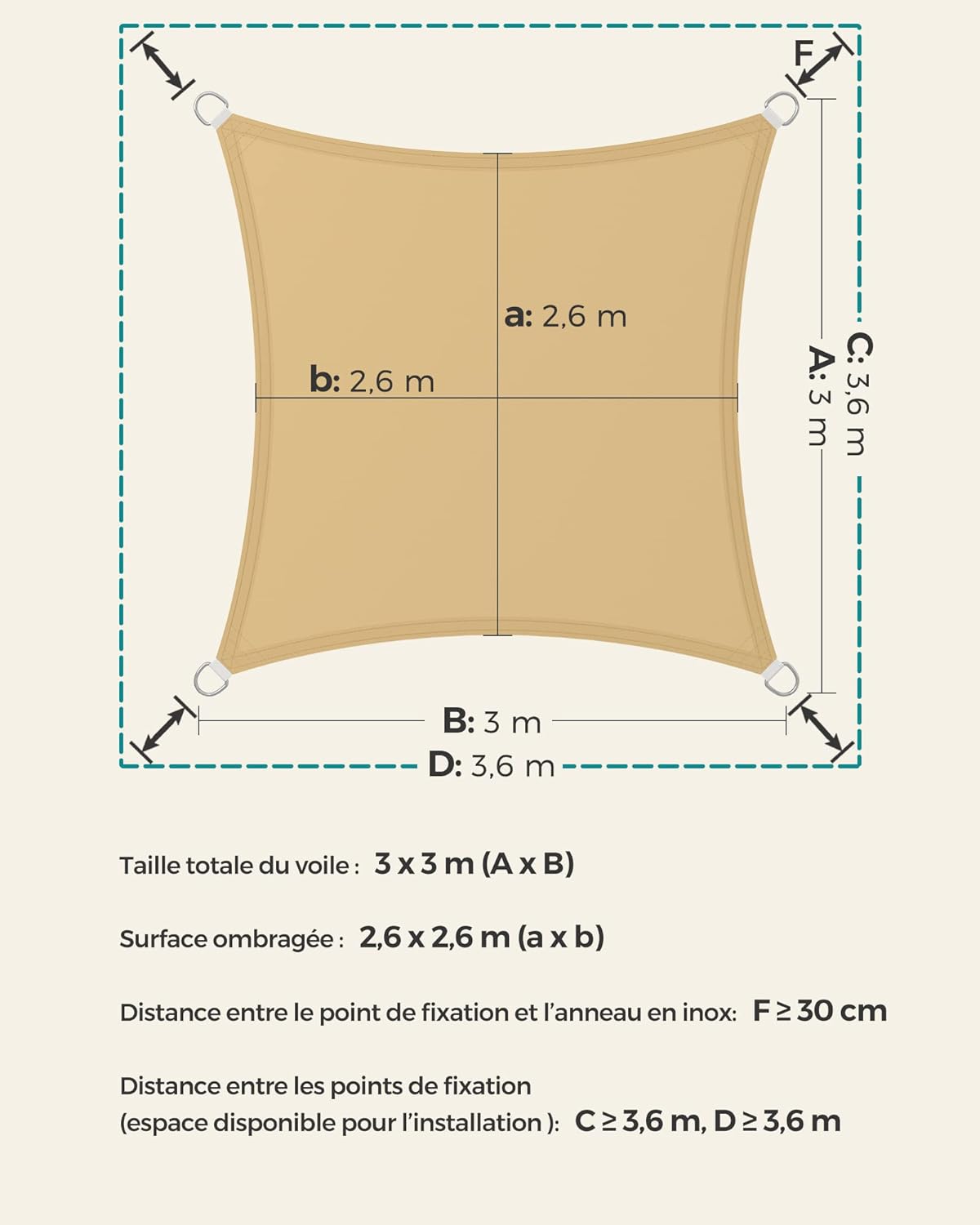 Detalle de Voile d’ombrage 3 x 3 m SONGMICS