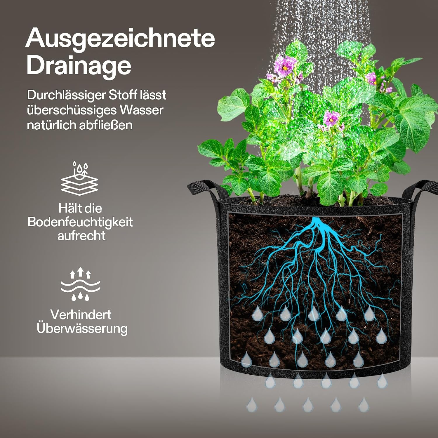 Detalle de VIVOSUN Pflanzsack 5er-Set 20L aus Vliesstoff – robuste Grow Bags mit Griffen