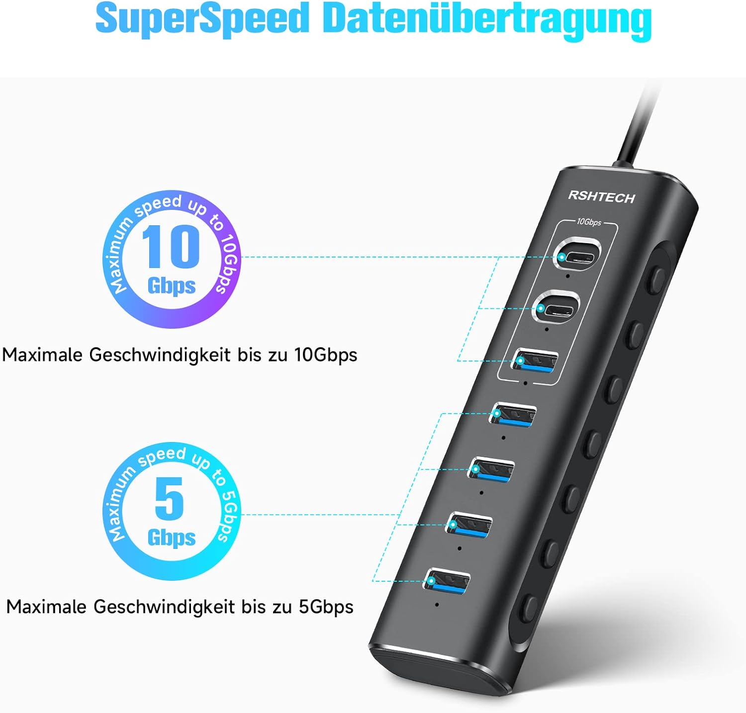 Thumbnail 3 de RSHTECH RSH-A107C 7‑Port USB‑C Hub mit Netzteil 🔌