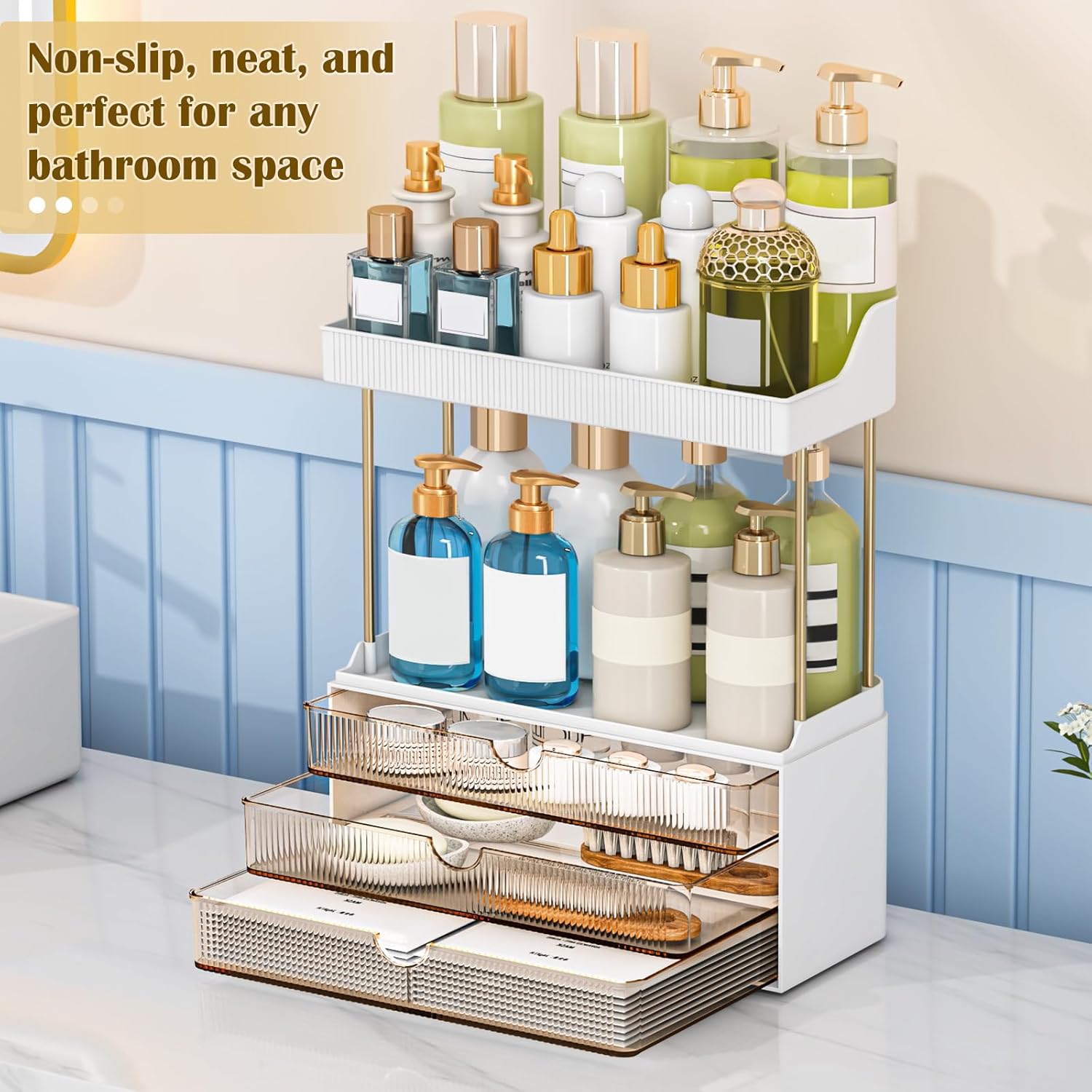 Detalle de Caktraie Bathroom Organizers and Storage (3 Drawers, 2 Tier) for Vanity Countertop — Amber