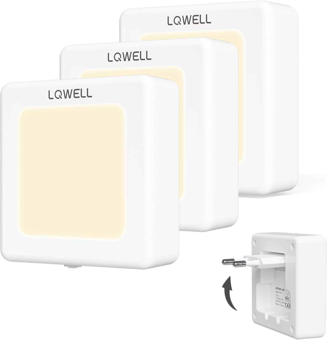 Detalle de LQWELL Luce Notturna con Presa Pieghevole e Sensore Crepuscolare (3 pezzi) - Luminosità Regolabile, Plug & Play