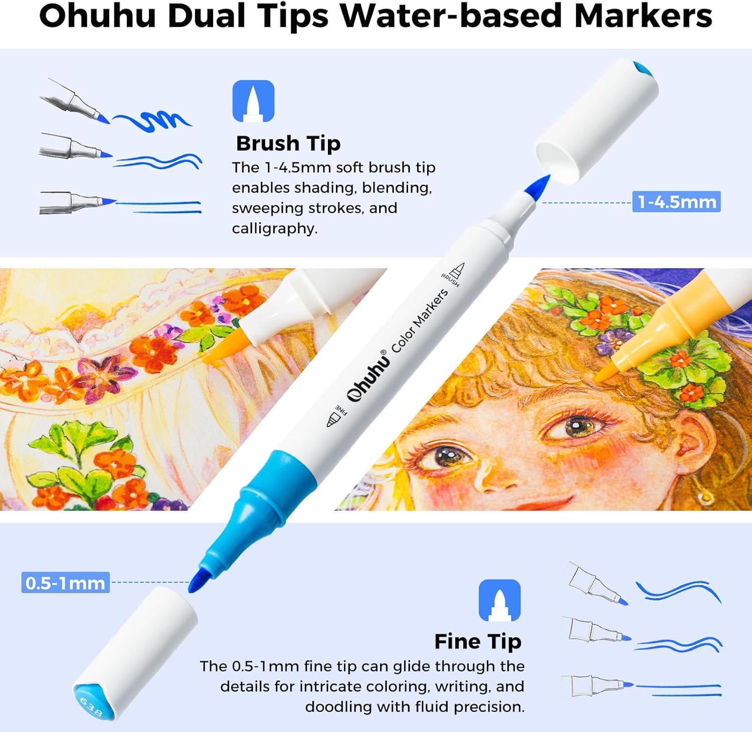 Thumbnail 1 de Ohuhu Water-Based Markers, 64 Colours Dual Tip (Brush & Fine) for Drawing, Manga, Calligraphy and Colouring