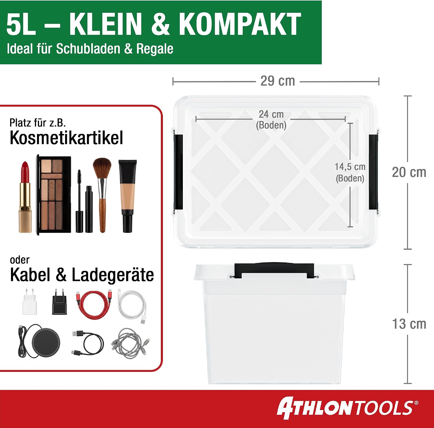 Thumbnail 1 de ATHLON TOOLS 4× 5-L Aufbewahrungsboxen mit Deckel – transparente, lebensmittelechte Plastikboxen stapelbar mit Verschlussclips