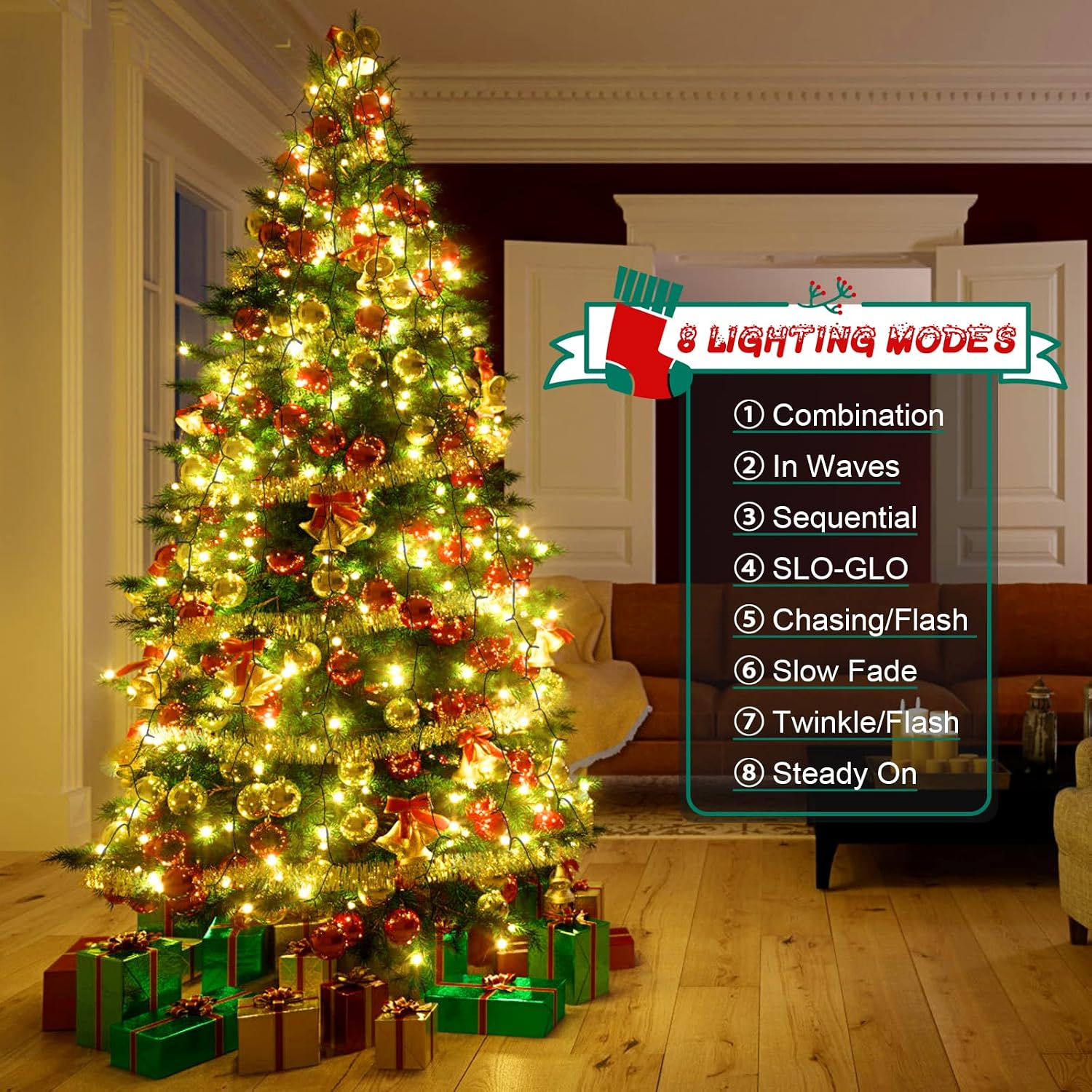Detalle de cshare Christmas Tree Lights (2m, 400 LEDs) – mains powered fairy lights with 8 modes, memory & timer (warm white, IP44)
