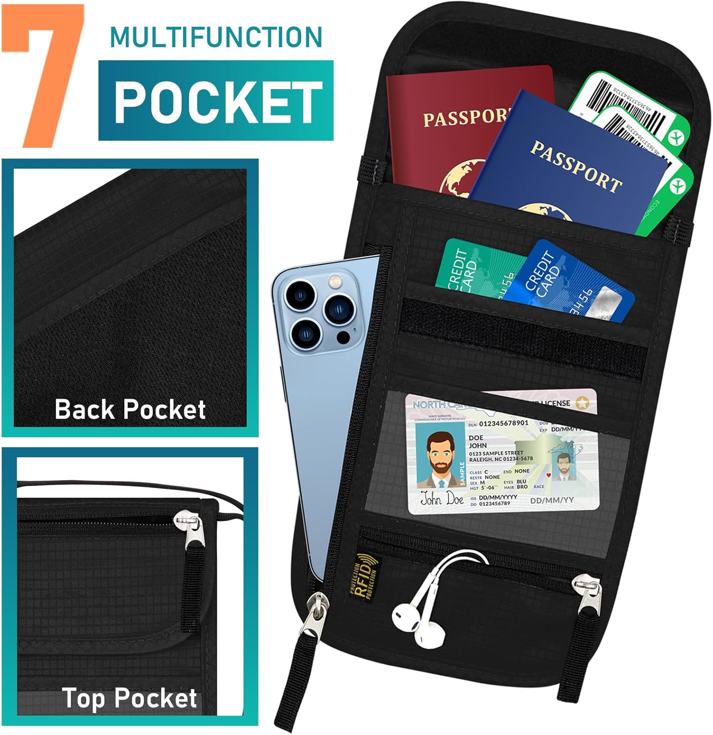 Thumbnail 2 de Sundee Travel Neck Wallet Pouch with RFID Blocking – Slim Passport Holder with 7 Pockets