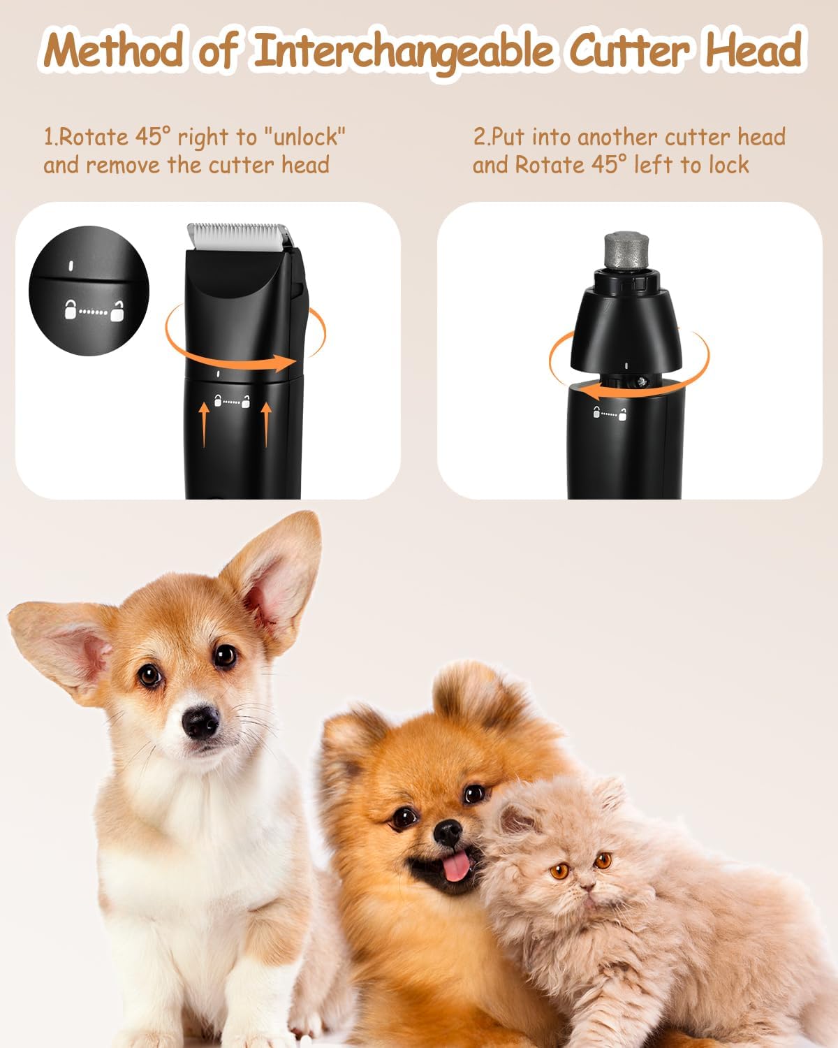 Detalle de Cussity 4 in 1 Dog Clippers for Grooming – USB-C Rechargeable, Two Speeds, Nail Grinder