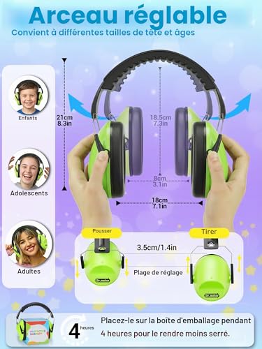 Detalle de Dr.meter Casque Anti Bruit Enfant – SNR 27 dB, régleable et pliable, couleur Verte