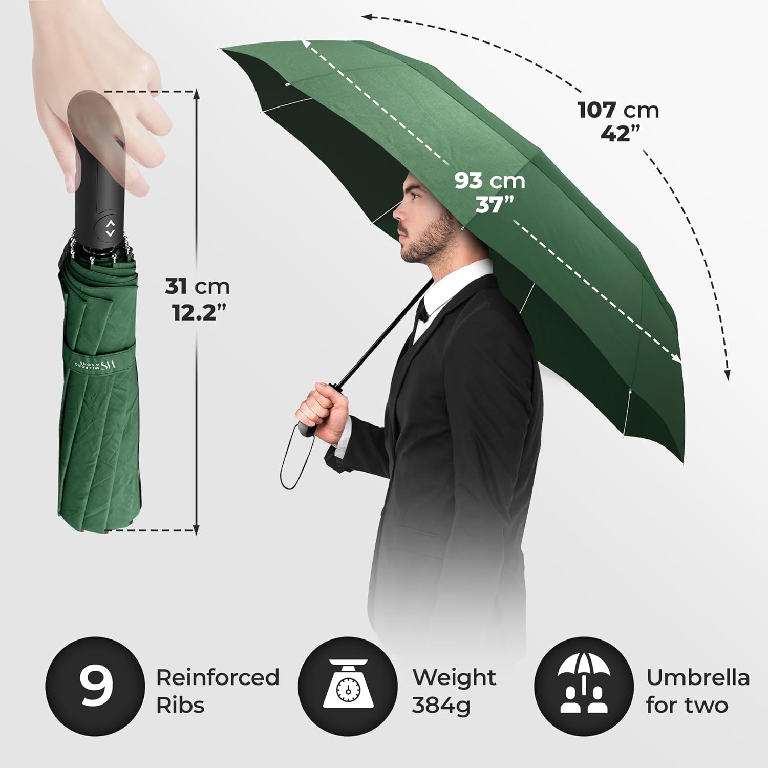 Thumbnail 4 de Wilford & Sons Umbrella Windproof Compact – double-canopy auto open/close travel brolly
