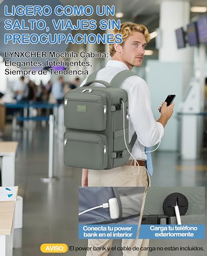 Detalle de LYNXCHER Mochila de cabina 45x36x20 cm para viaje y portátil 15.6'' – Verde claro