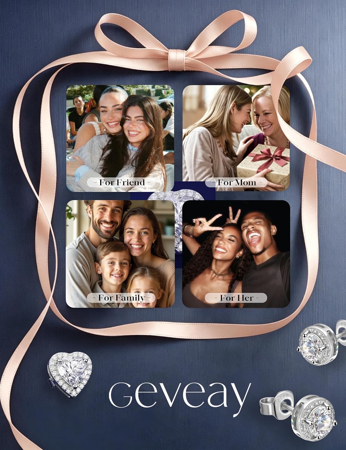 Detalle 2 de Geveay 925 Sterling Silver Heart & Knot Stud Earrings – 3 Pairs