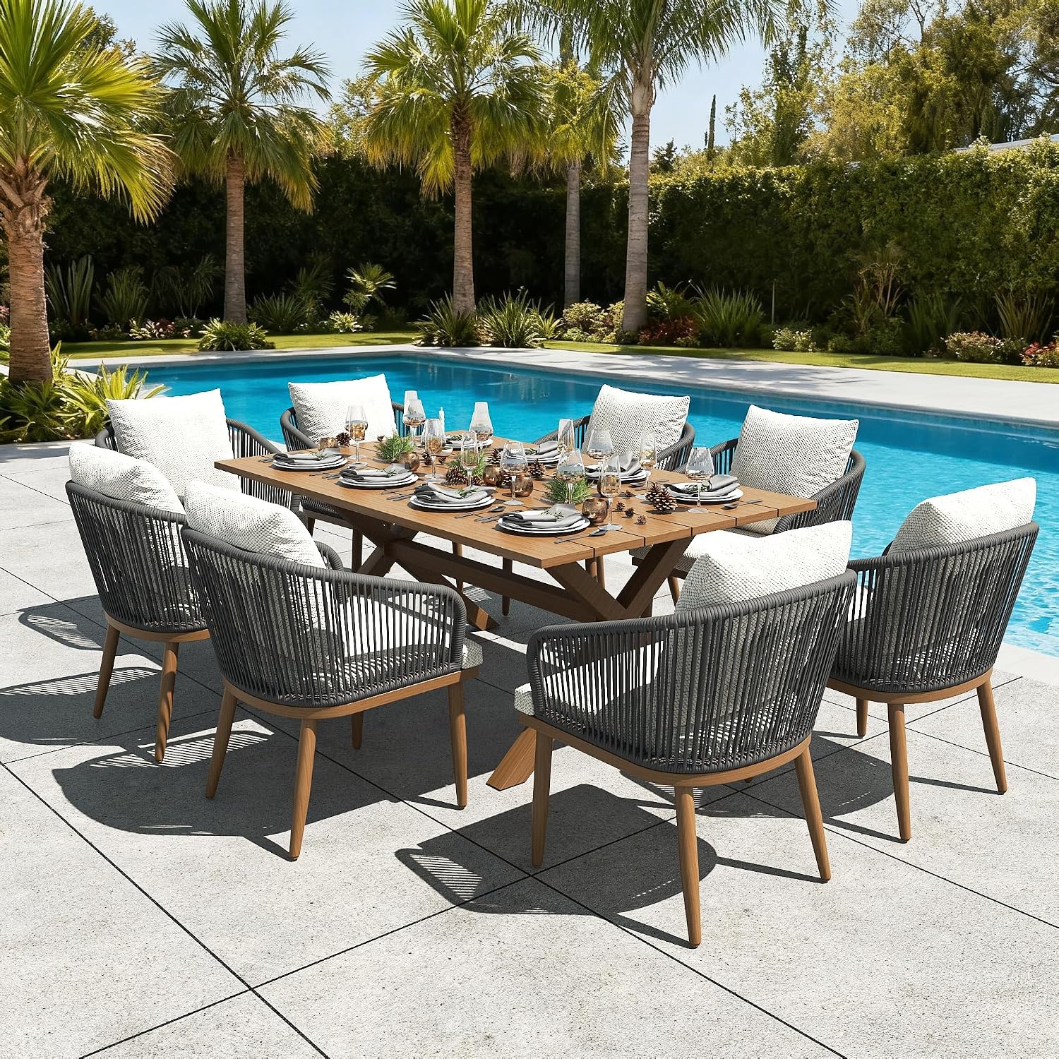Detalle de LayinSun LY26828 9-Piece Outdoor Patio Dining Set with Aluminum Table and Wicker Chairs