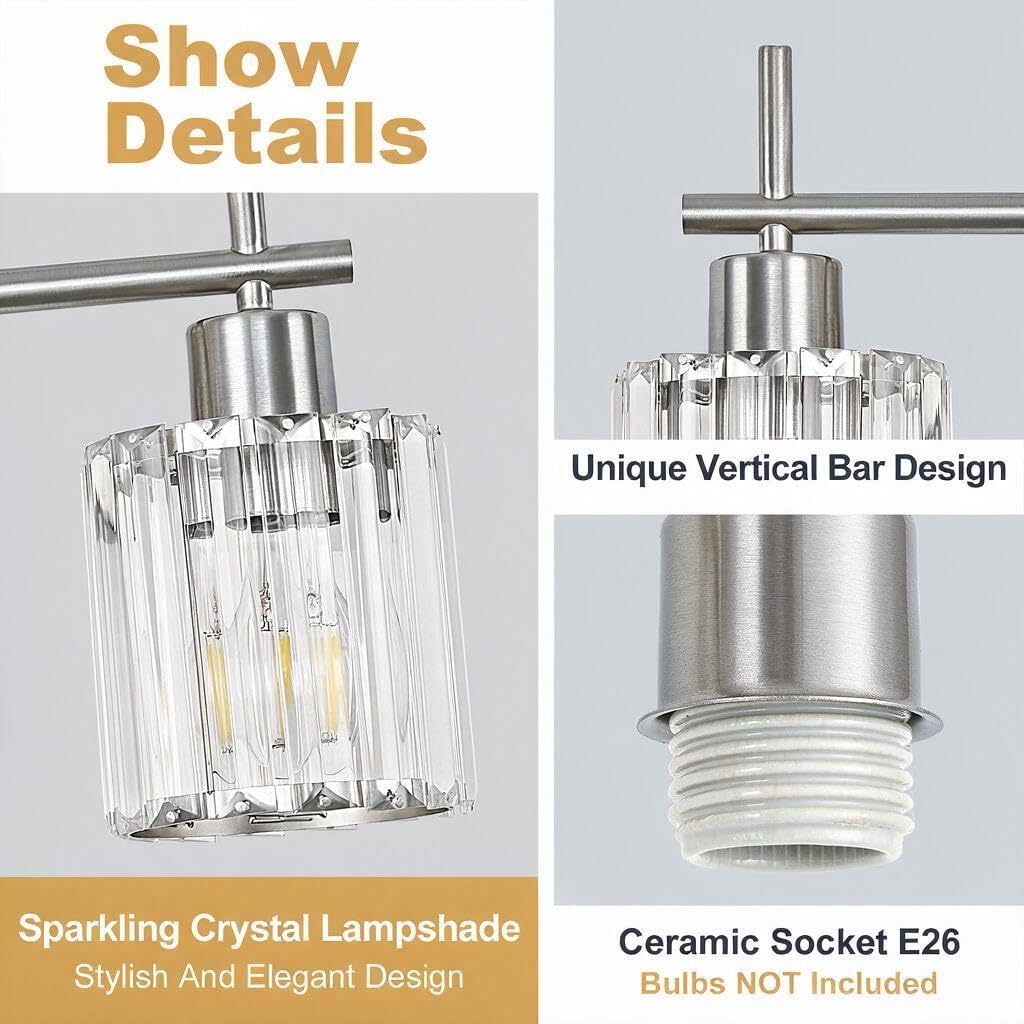 Detalle de Dvnctz DC20260411AA 3-Light Vanity Light, Brushed Nickel with Crystal Shades