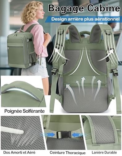 Detalle de KLOSTAIN Sac à Dos Voyage Cabine Avion 45x36x20 cm – 30 L, 15.6 pouces, Vert