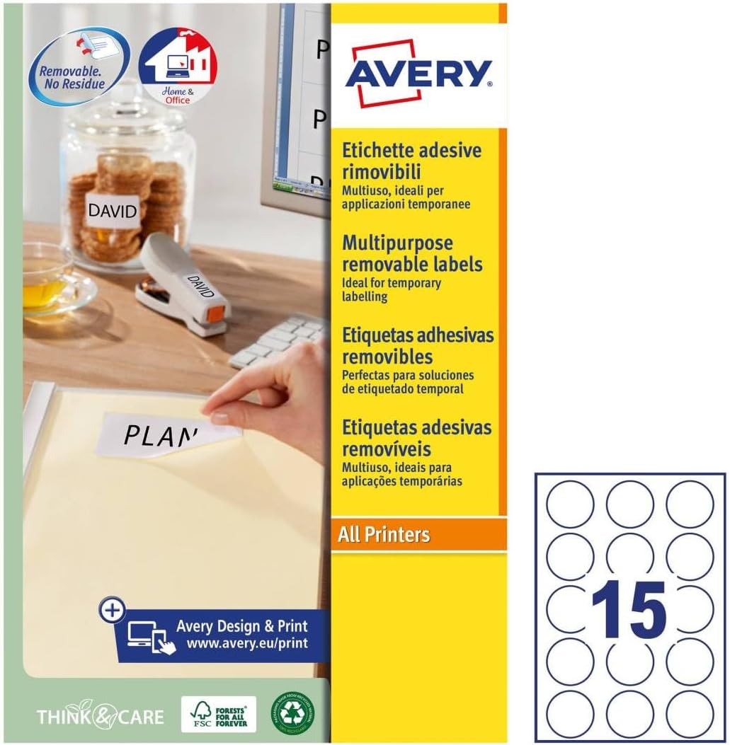 Avery Italia L4853REV-25 Etichette adesive in carta bianca, diametro 51 mm, 25 fogli A4, adesivo rimovibile