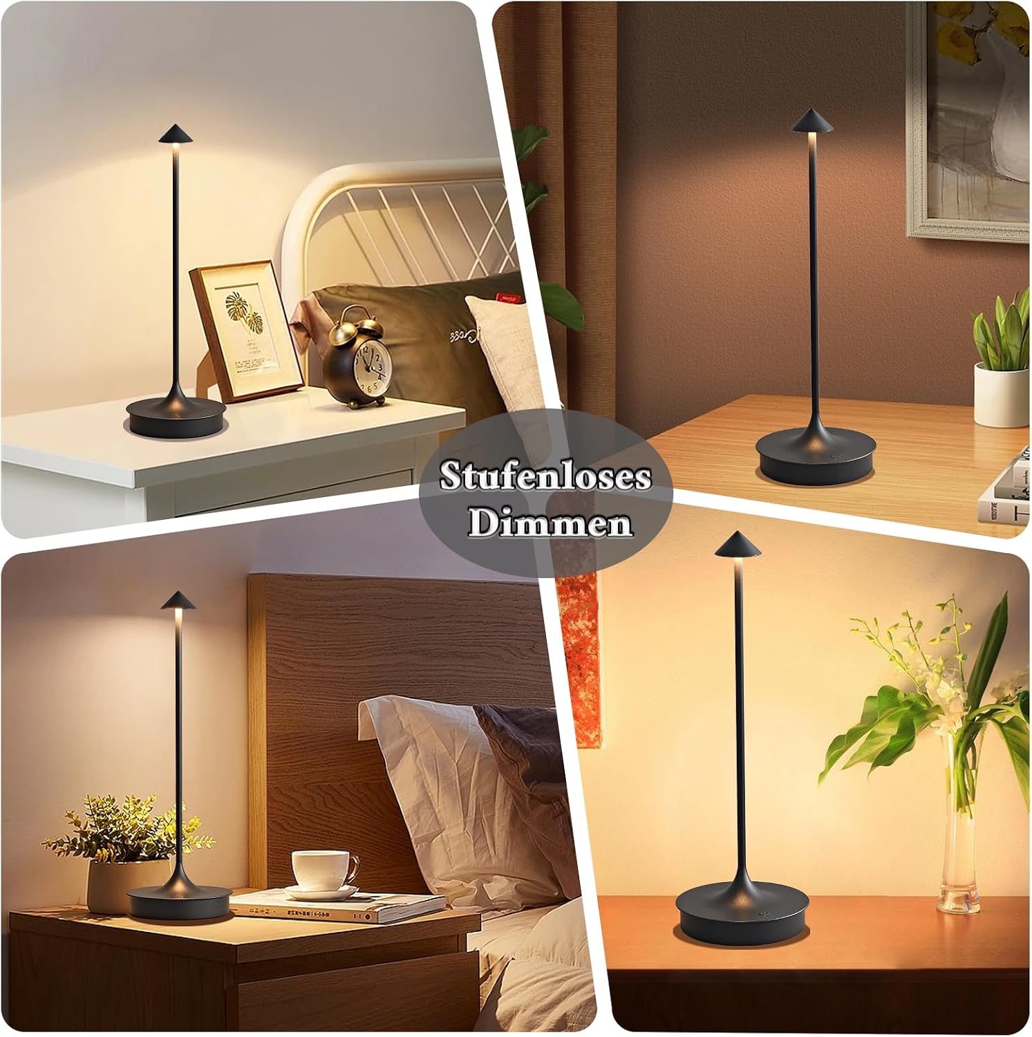 Detalle de Leomix LED Tischlampe kabellos – 2er Set, 4000 mAh, IP54, Touch & stufenlose Dimmbarkeit