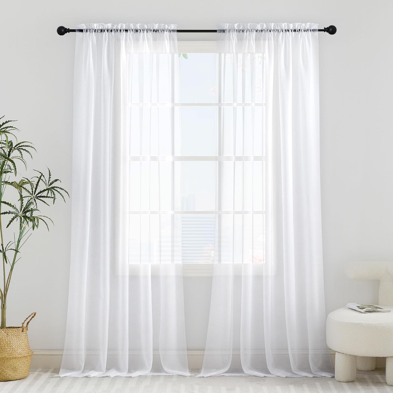 Detalle de PONY DANCE White Net Curtains for Windows 108 Drop, Slot Top Voile Panels 54x108 Inches (137x274cm) – 2 Panels