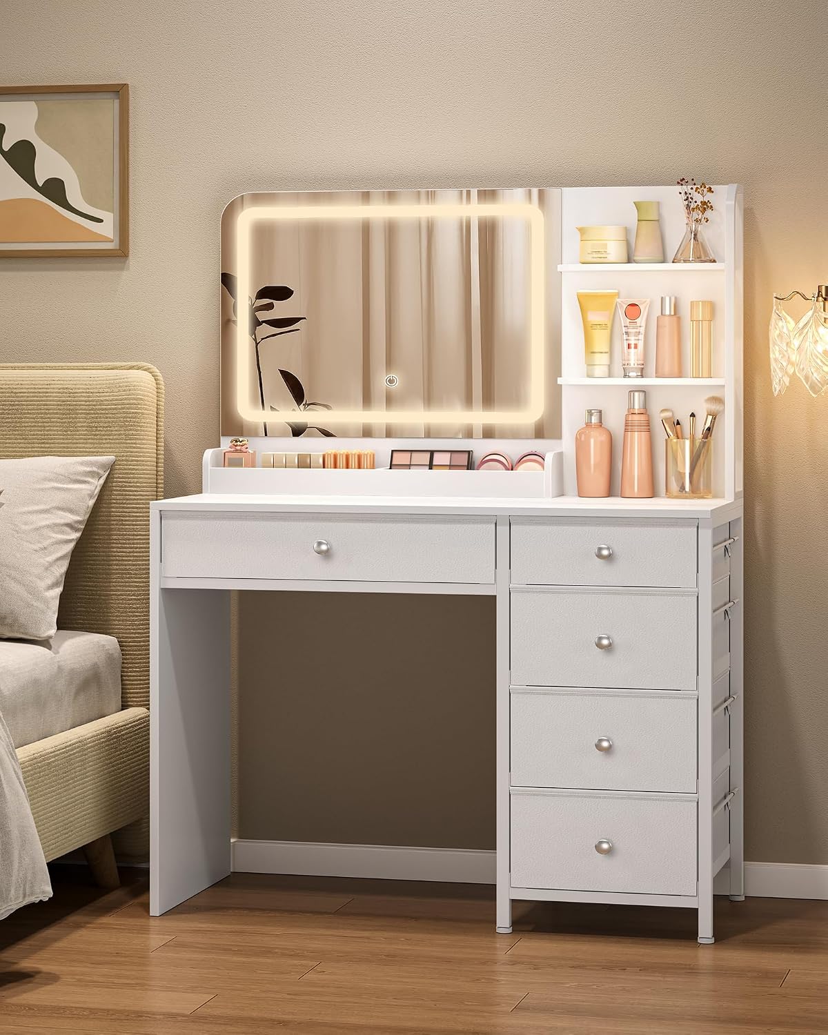 Detalle de Hzuaneri Coiffeuse avec éclairage LED et grand miroir HD — 5 tiroirs et 2 étagères