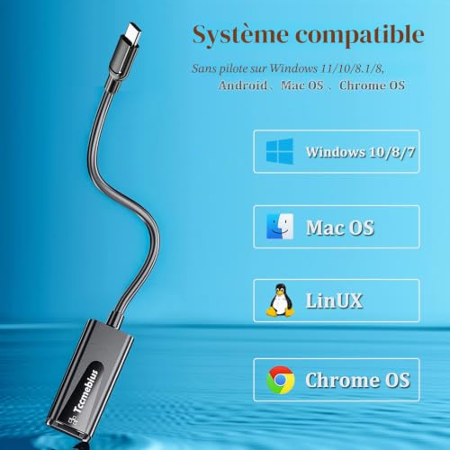 Detalle de Tccmebius TCC-S20C Adaptateur Ethernet USB‑C vers RJ45 — 100 Mbps, plug-and-play