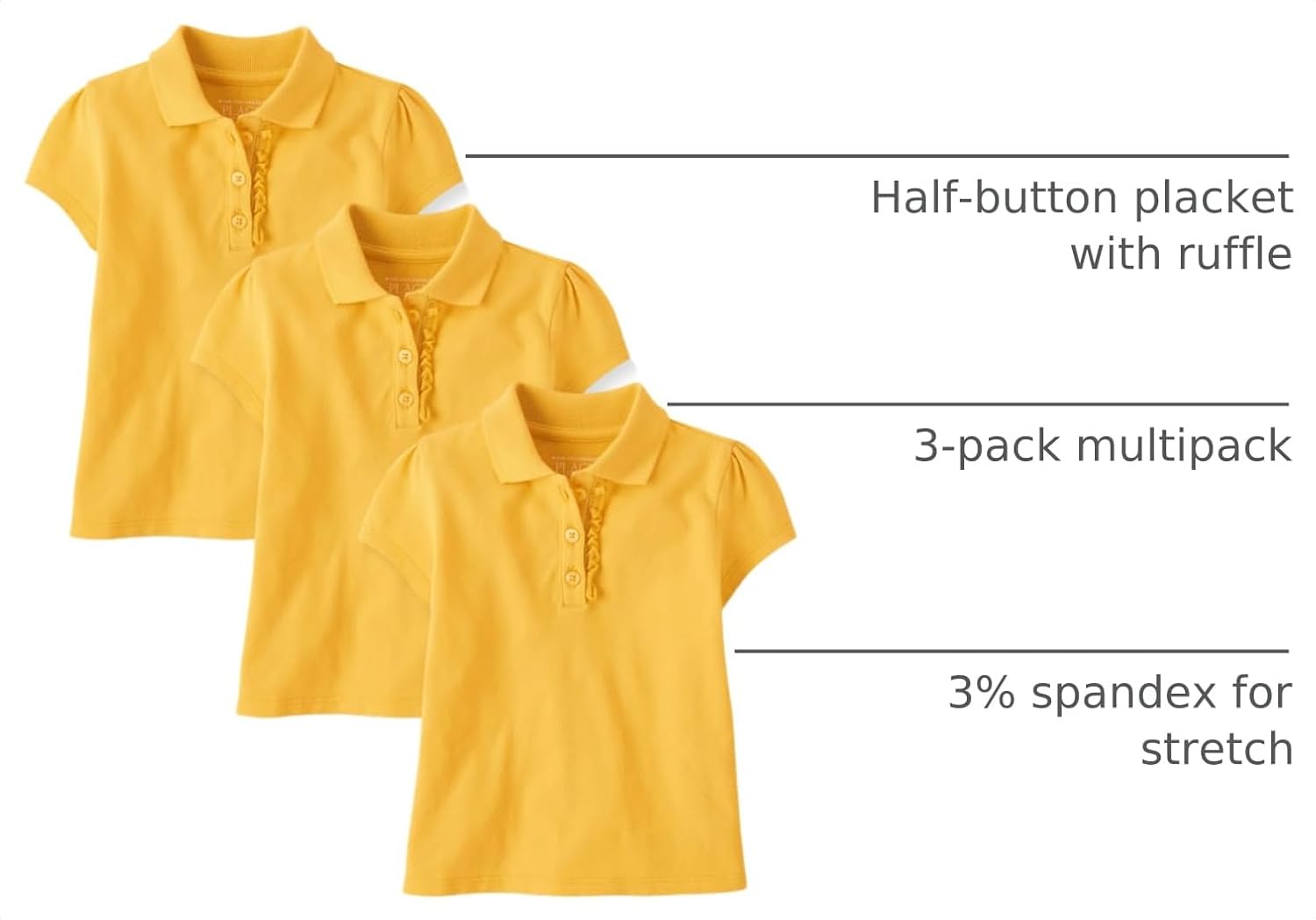 Detalle 2 de The Children's Place Girls' Toddler 3-Pack Ruffle Pique Polo Shirts