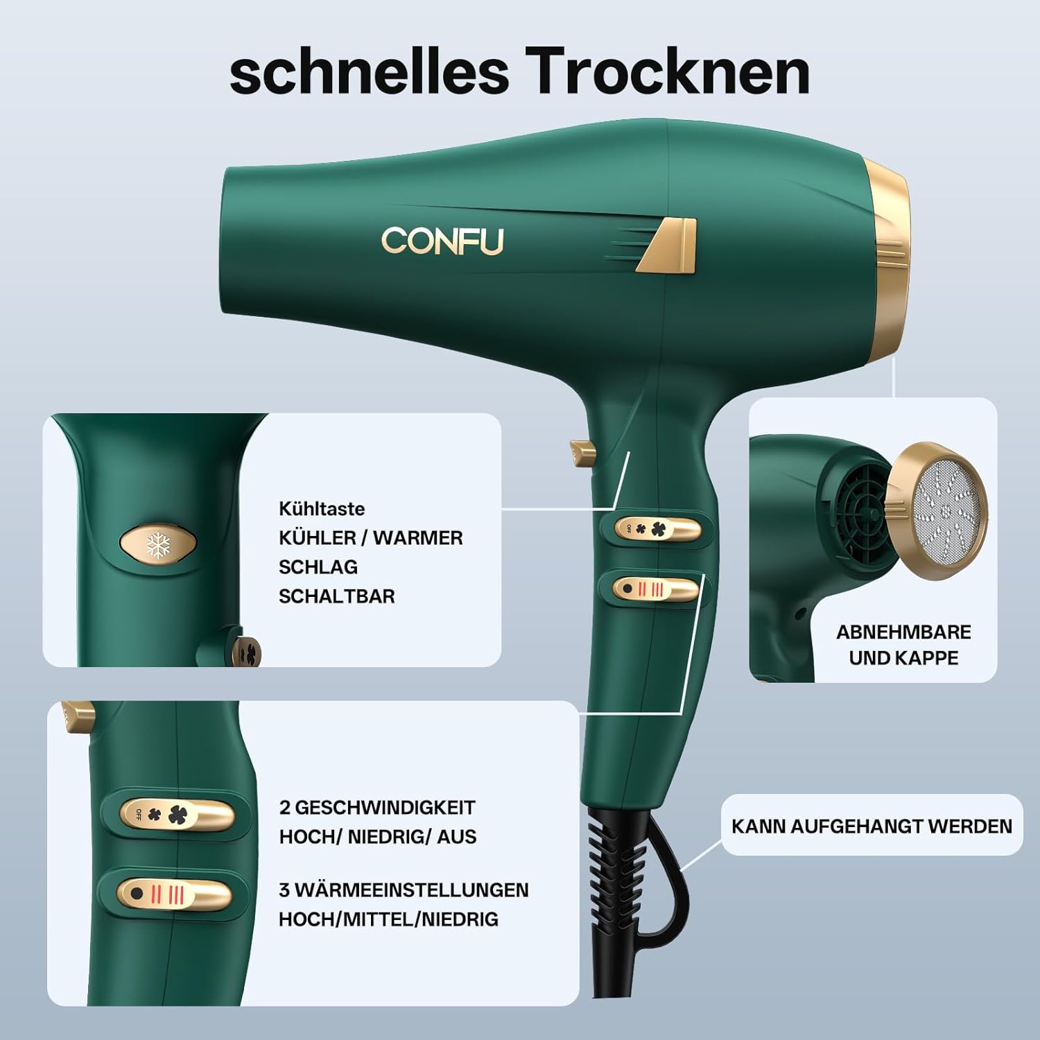 Thumbnail 3 de CONFU Profi Föhn Ionen-Haartrockner 2400 W mit Diffusor und Styling-Düse, 2 Geschwindigkeiten & 3 Heizstufen (grün)