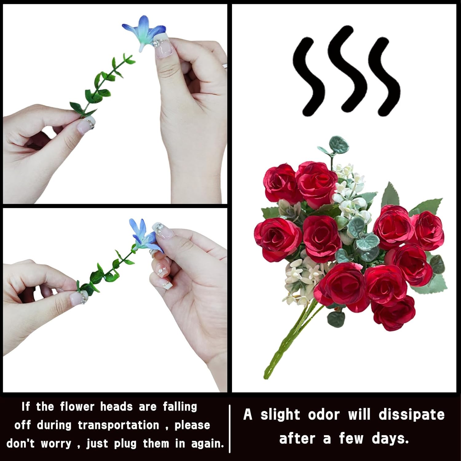 Detalle 2 de astylishome 3-Pack Red Rose Artificial Flowers with Stems – Silk Craft Roses for Decor