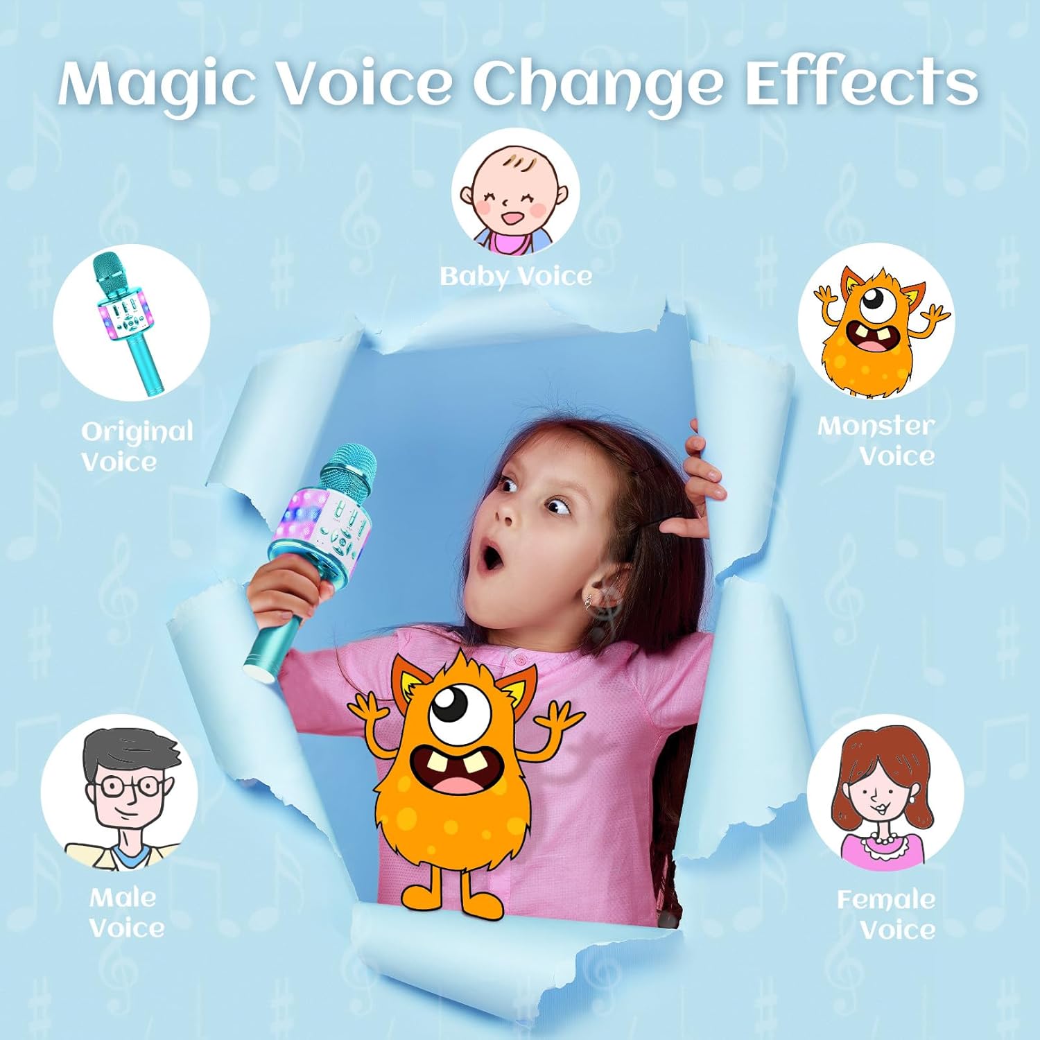 Detalle de BONAOK Karaoke microfono wireless 4 in 1 per bambini, compatibile Android (blu)