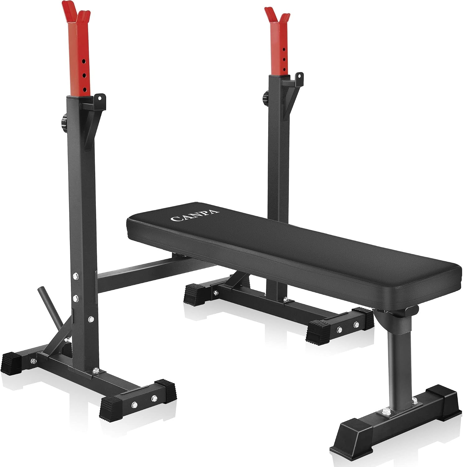 Detalle de CANPA Olympic Weight Bench with Adjustable Squat Rack, Foldable Red Frame