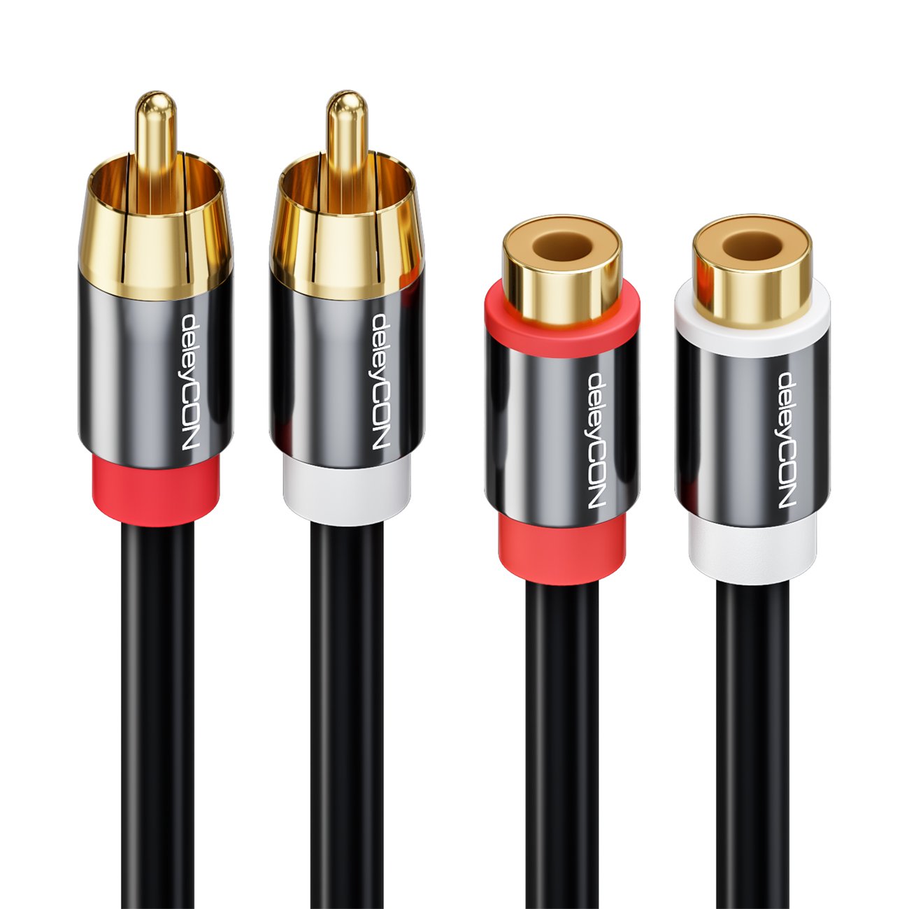 Detalle de deleyCON 2m Cinch RCA Verlängerungskabel – 2x Stecker zu 2x Buchse, vergoldete Metallkontakte, Schwarz
