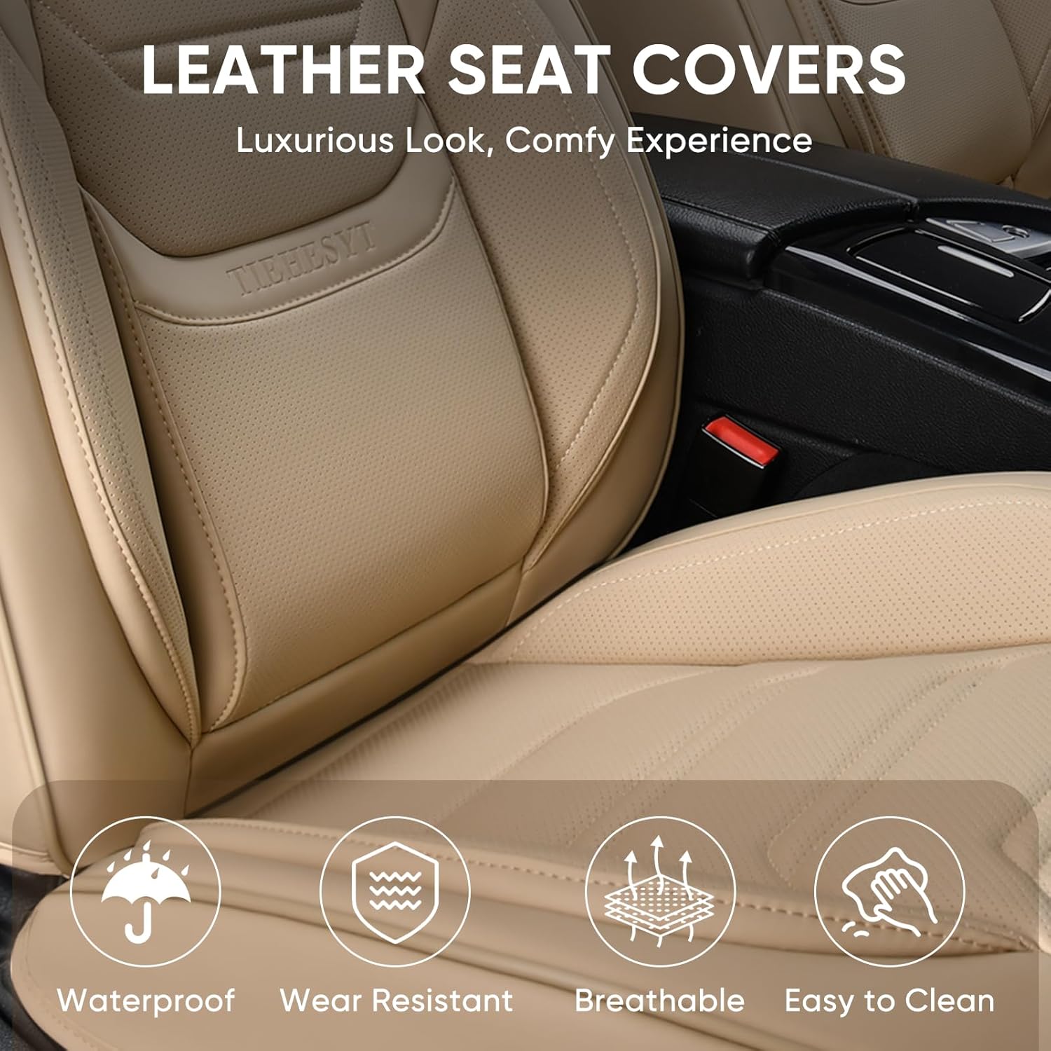 Thumbnail 5 de TIEHESYT Beige Car Seat Covers Full Set: Breathable Leather Comfort for Most Cars