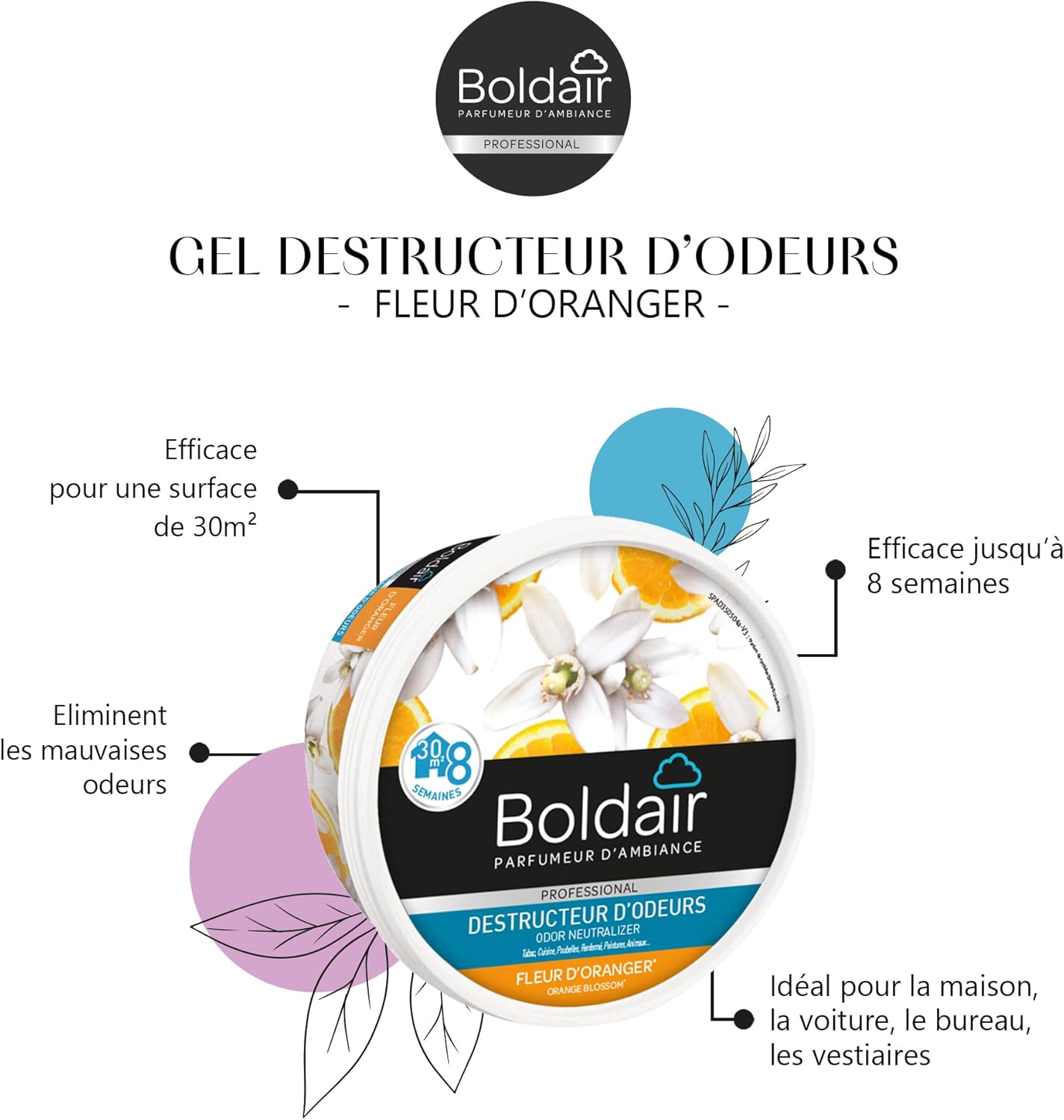 Detalle de BOLDAIR Gel destructeur d’odeur Fleur d’Oranger – gel solide neutralisant les mauvaises odeurs