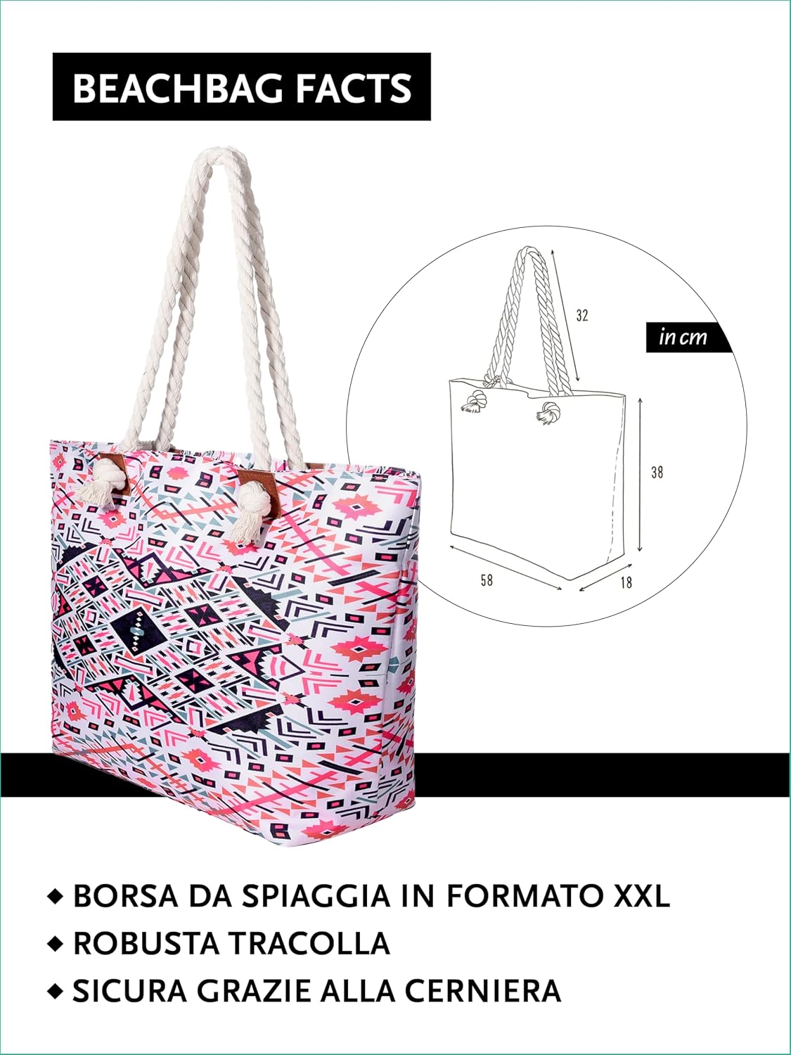 Detalle 2 de DonDon Grande borsa da spiaggia idrorepellente 58x38x18 cm