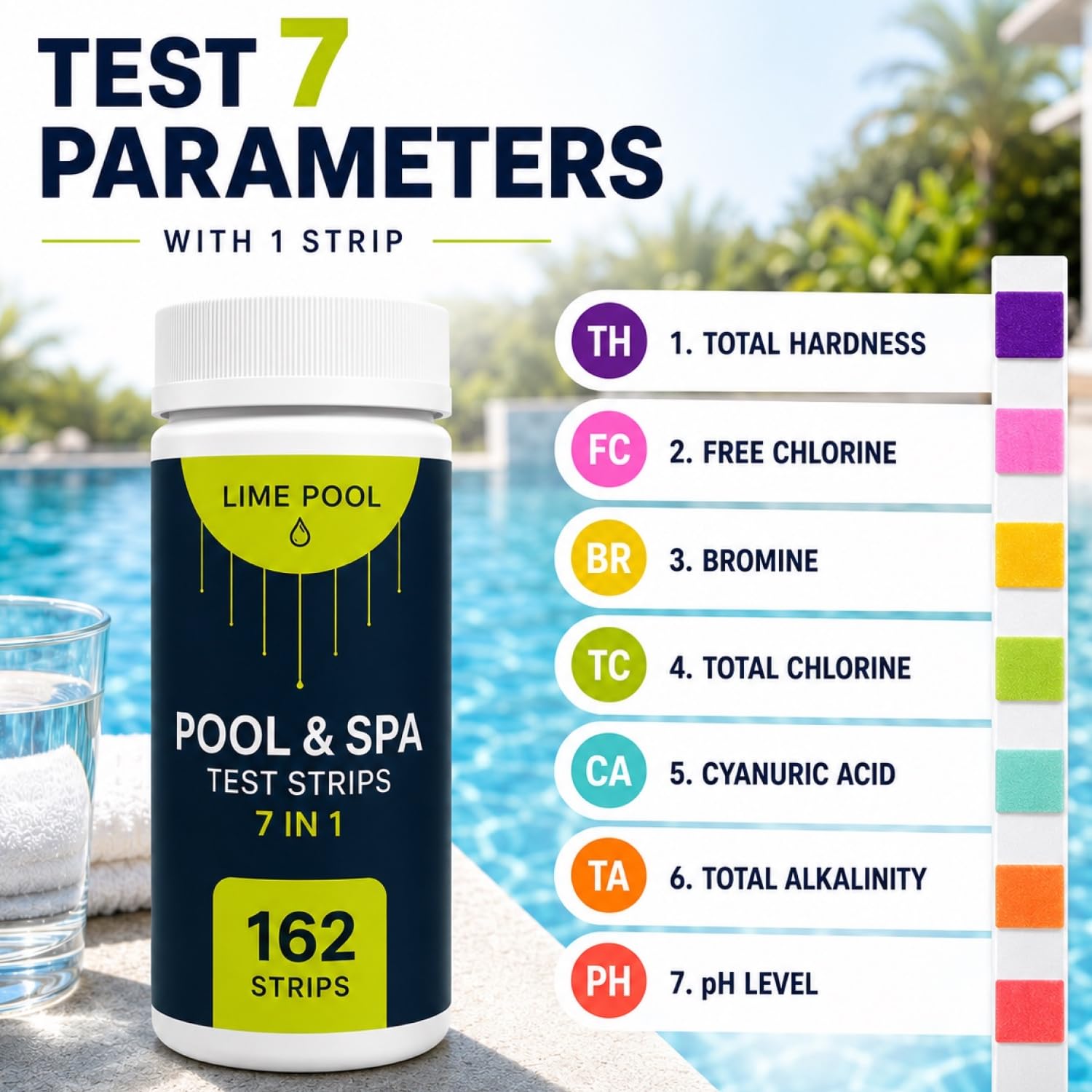 Detalle de LIME POOL PTS-01 7-Way Pool Test Strips, 162-Count Water Testing Kit