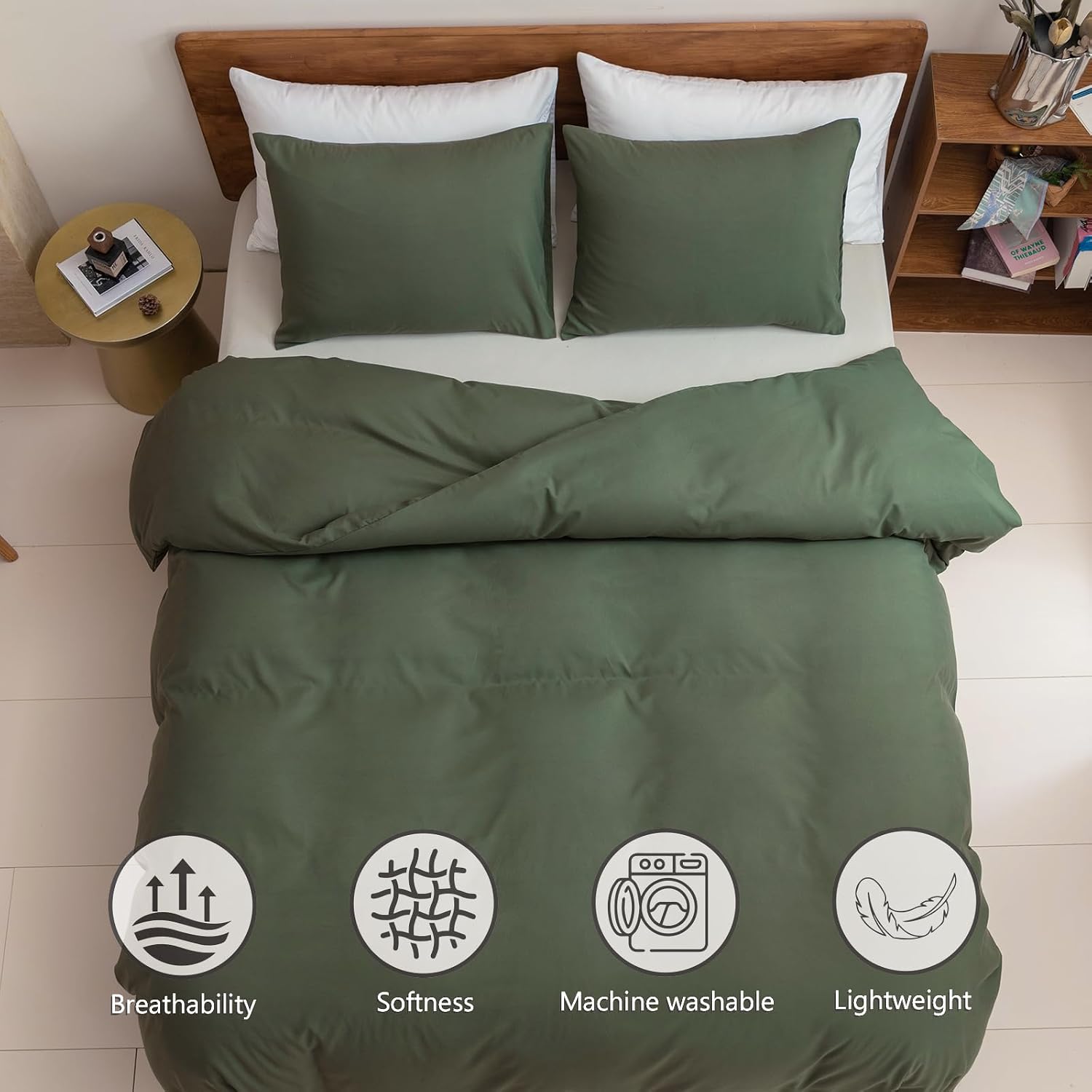Detalle de TTCM JF-CHUNSE-007 Queen Duvet Cover Set, Olive Green, Zipper, 3-Piece