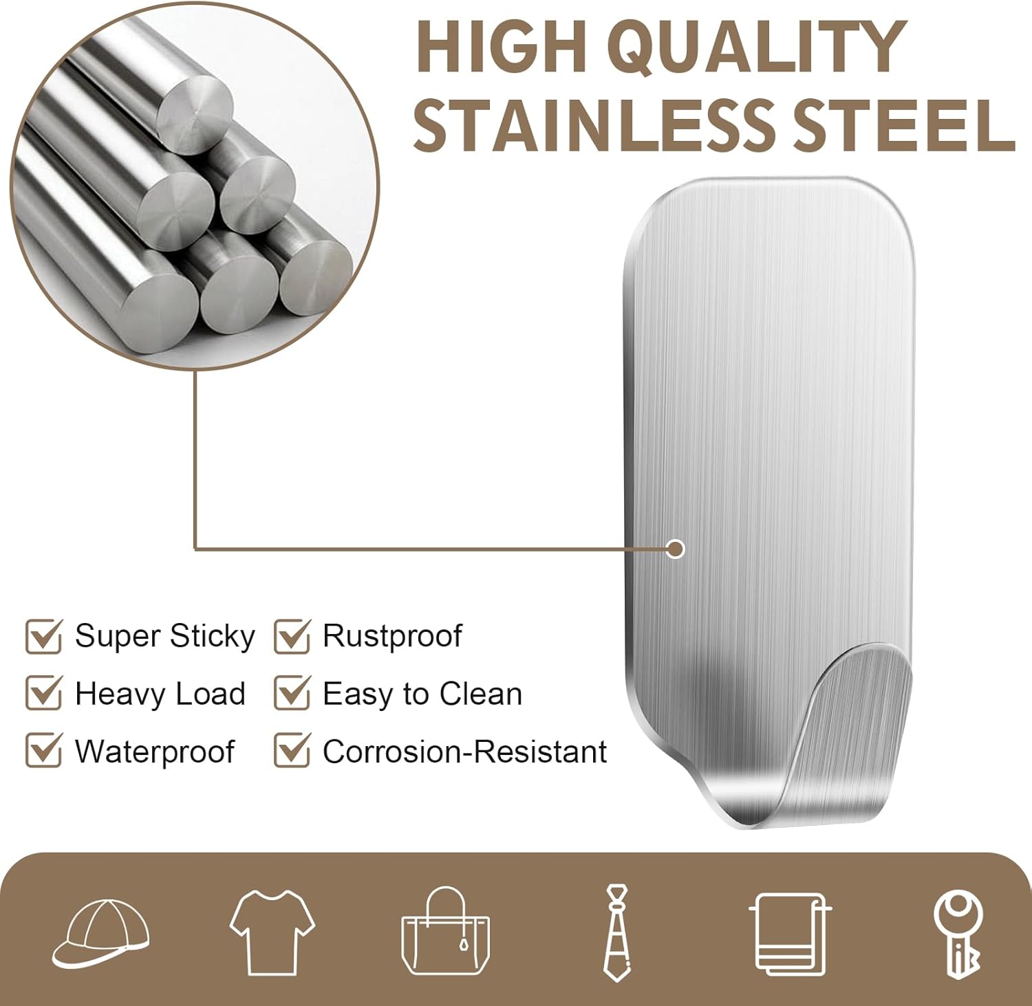 Thumbnail 1 de MACOLE Small Self Adhesive Hooks — 8 pack, 304 stainless steel, no-drill 3kg load