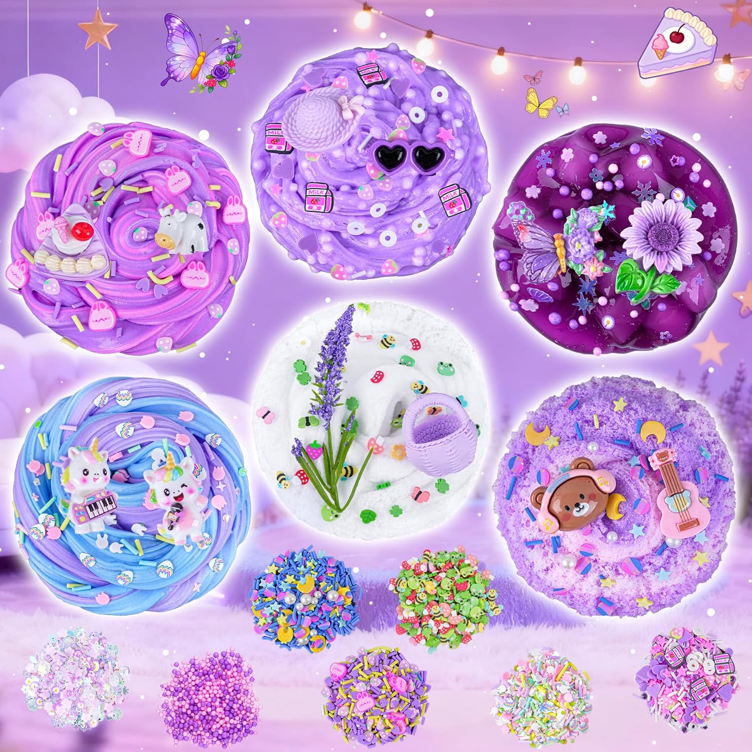 Thumbnail 1 de LAWOHO 6-Pack Purple Lavender Slime Kit (Cloud, Clear & Butter Slimes) with Charms & Add-ins