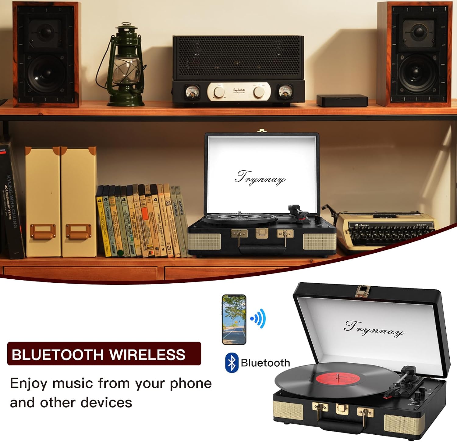 Detalle de Trynnay Record Player 3 Speed Bluetooth Portable Suitcase Vinyl Player with Built-in Speakers – Vintage Black