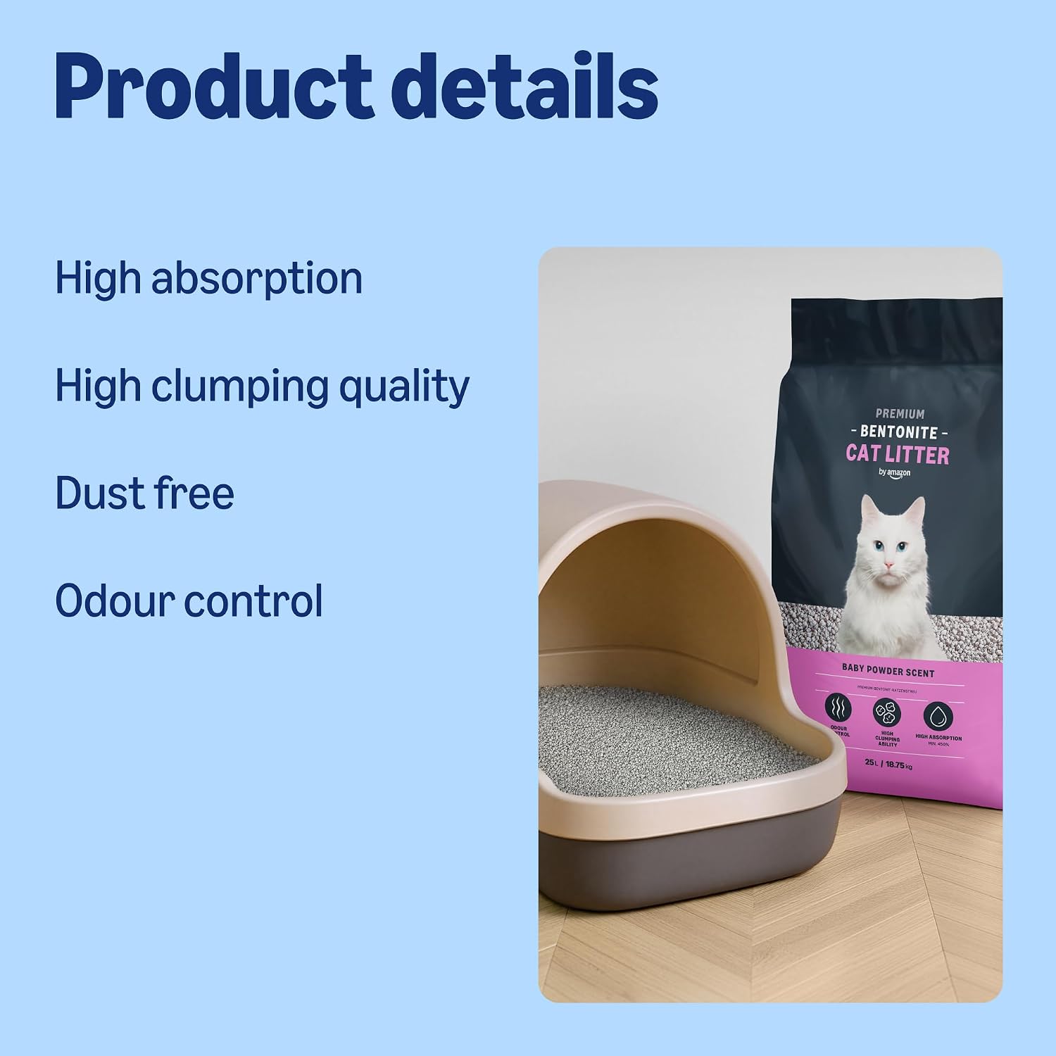 Detalle de By Amazon Bentonite Premium Cat Litter with Baby Powder Scent, 25L