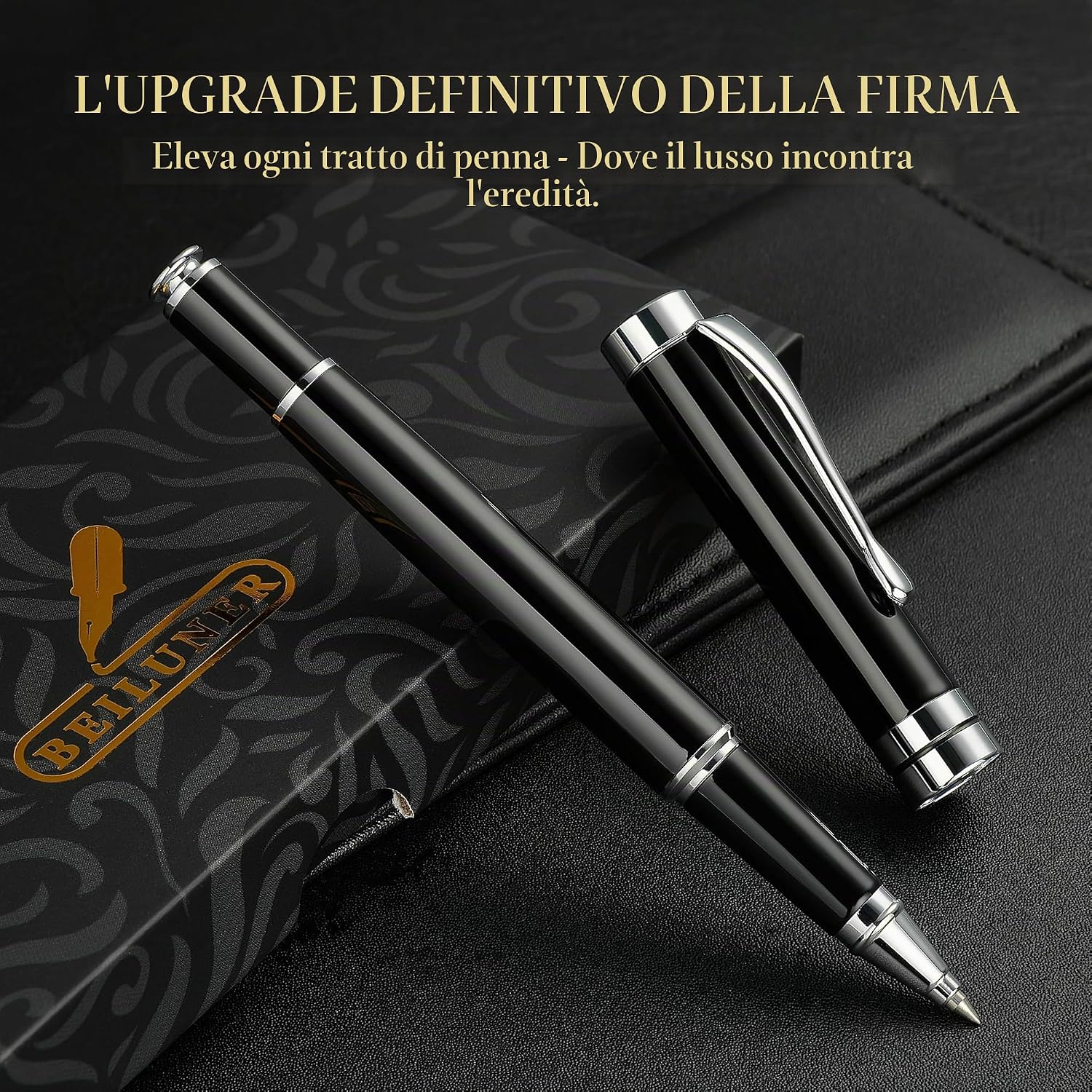 Detalle 2 de BEILUNER Penna a Sfera Nero Cromato con Finitura Argentata – Set regalo con ricambio extra 0.5 mm
