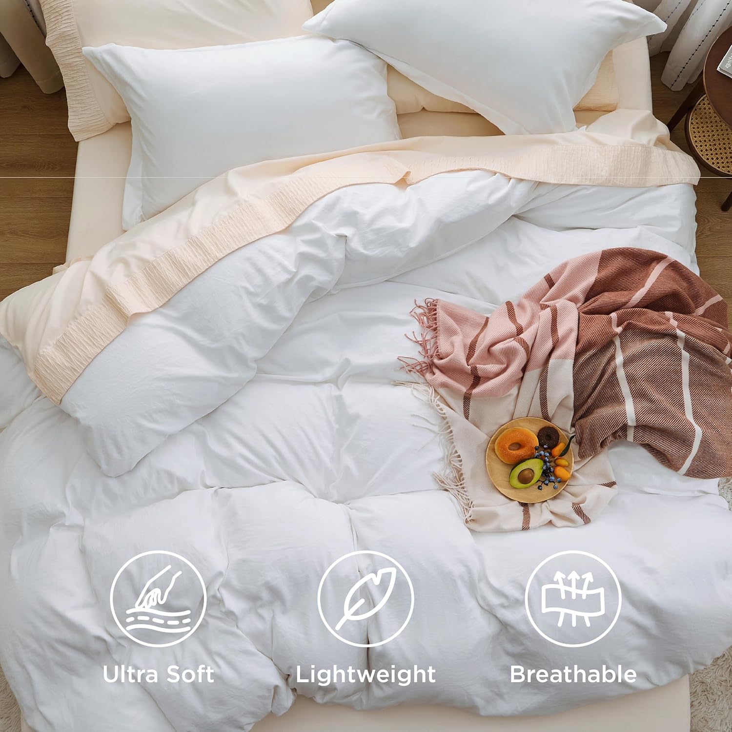 Detalle de Bedsure CAA9B1AW1QU Queen Duvet Cover Set, White Polyester, Zipper Closure