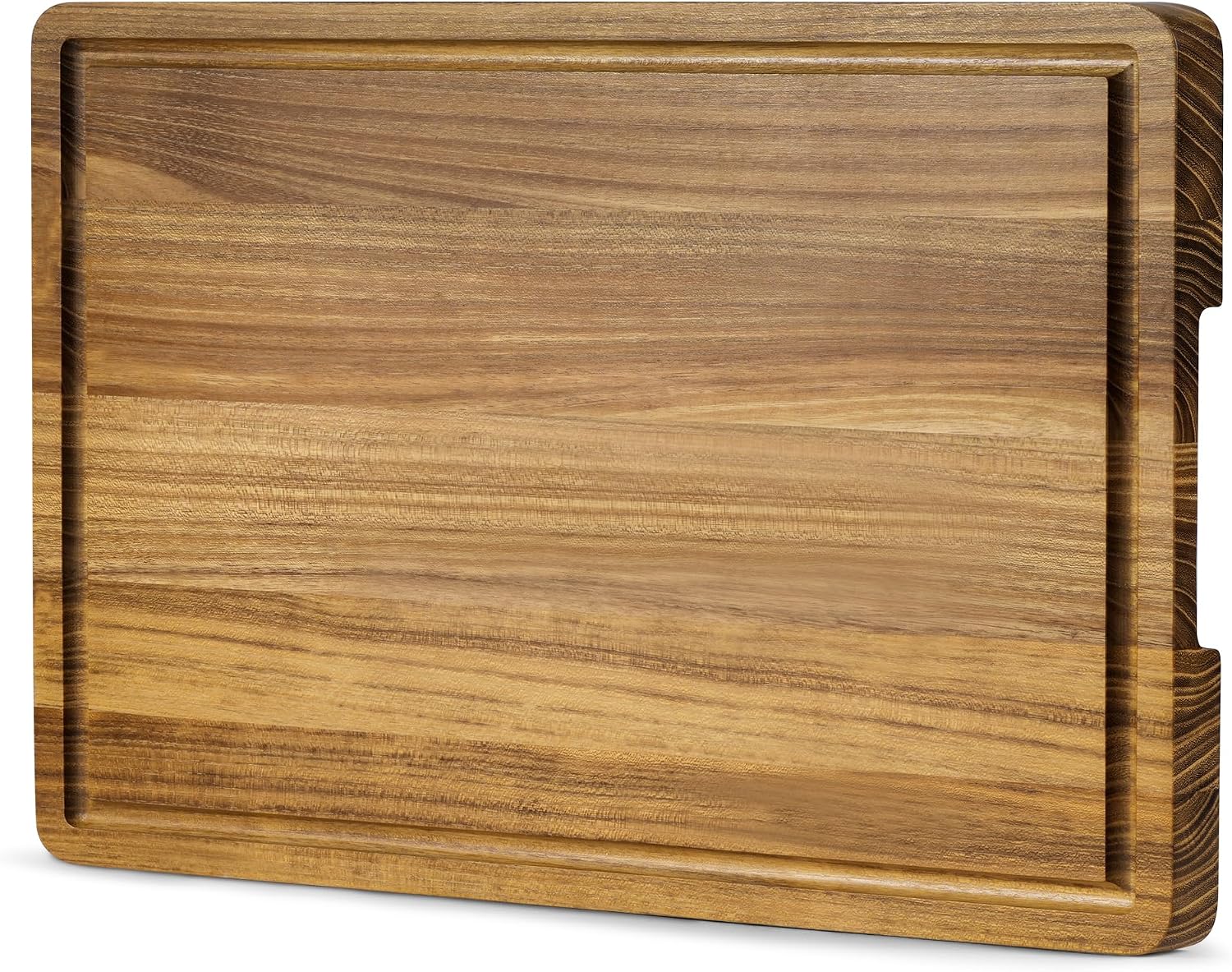 Detalle de WILLKOMMEN Teak Wood Cutting Board, 40 x 28 cm with Juice Groove and Handles