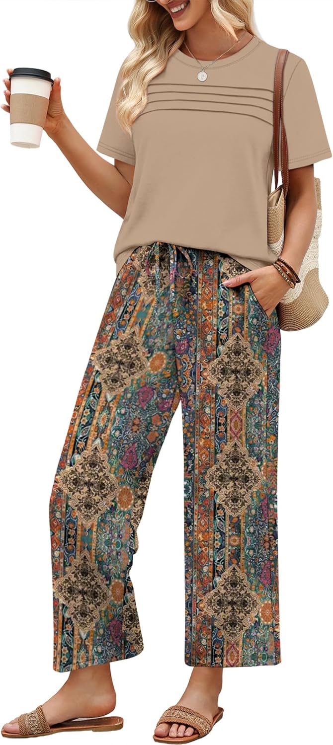 Thumbnail 5 de WIHOLL Two-Piece Lounge Set for Women: Cropped Wide-Leg Pants & Pleated Short-Sleeve Top