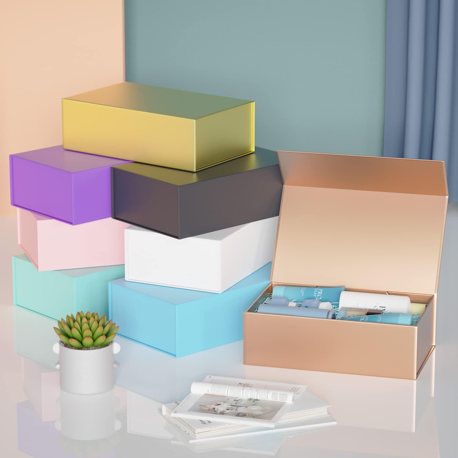 Thumbnail 6 de 2er Set Geschenkboxen mit Deckel und Magnetverschluss (30×15×10 cm), roségold – klappbar