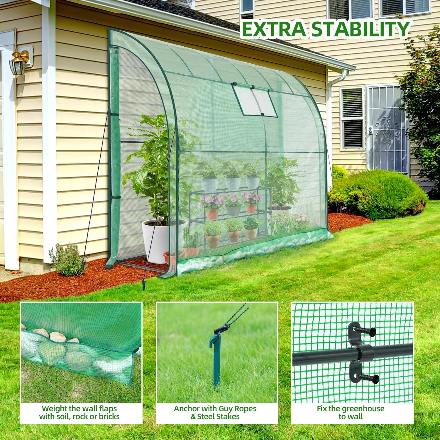 Detalle 2 de Ohuhu portable lean-to greenhouse with free 3-tier shelving unit, mesh windows and double roll-up zip doors (200 x 100 x 210 cm)