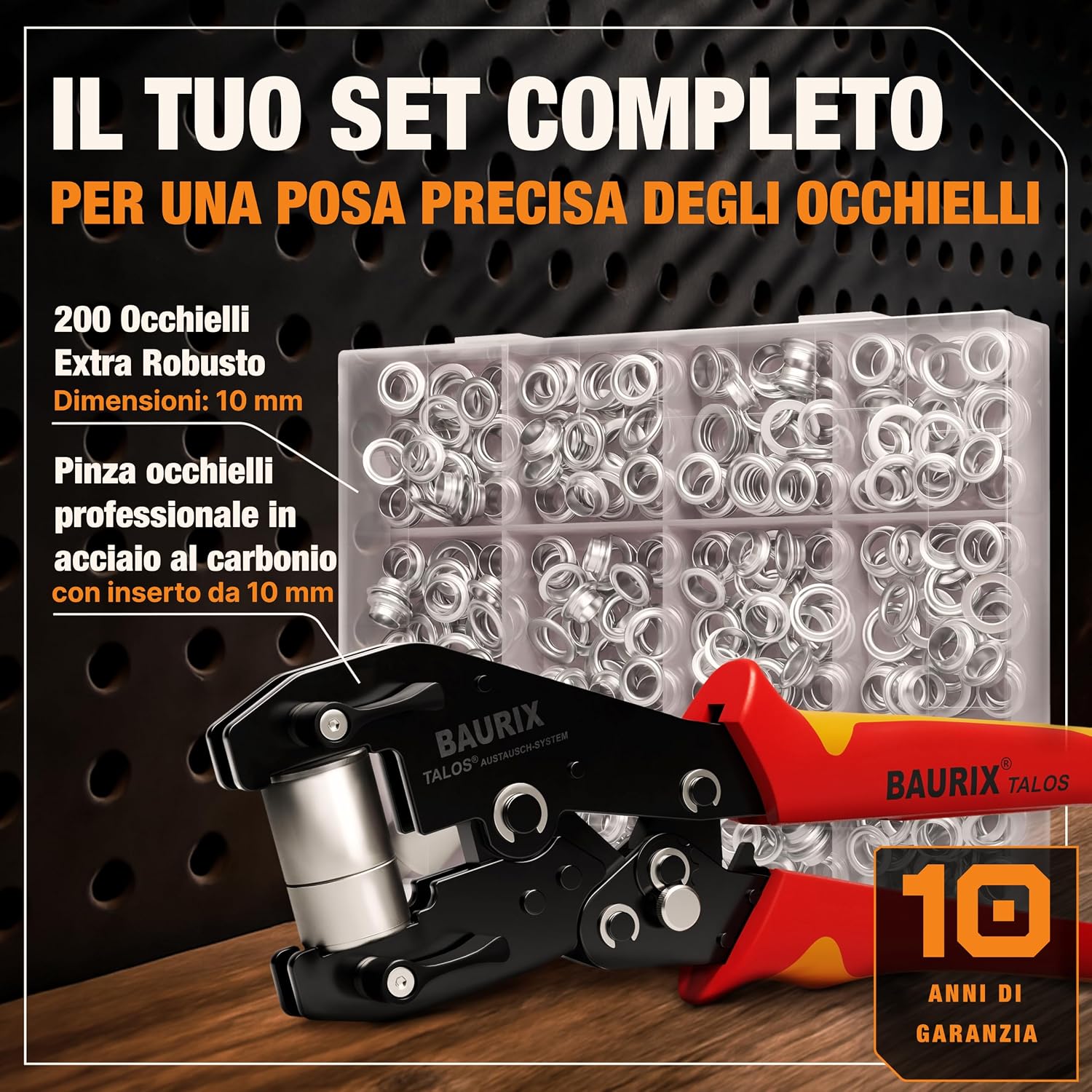 Detalle de BAURIX TALOS Pinza Occhielli Ø10 mm con 200 Occhielli – Autopunzante senza foro, per tessuti