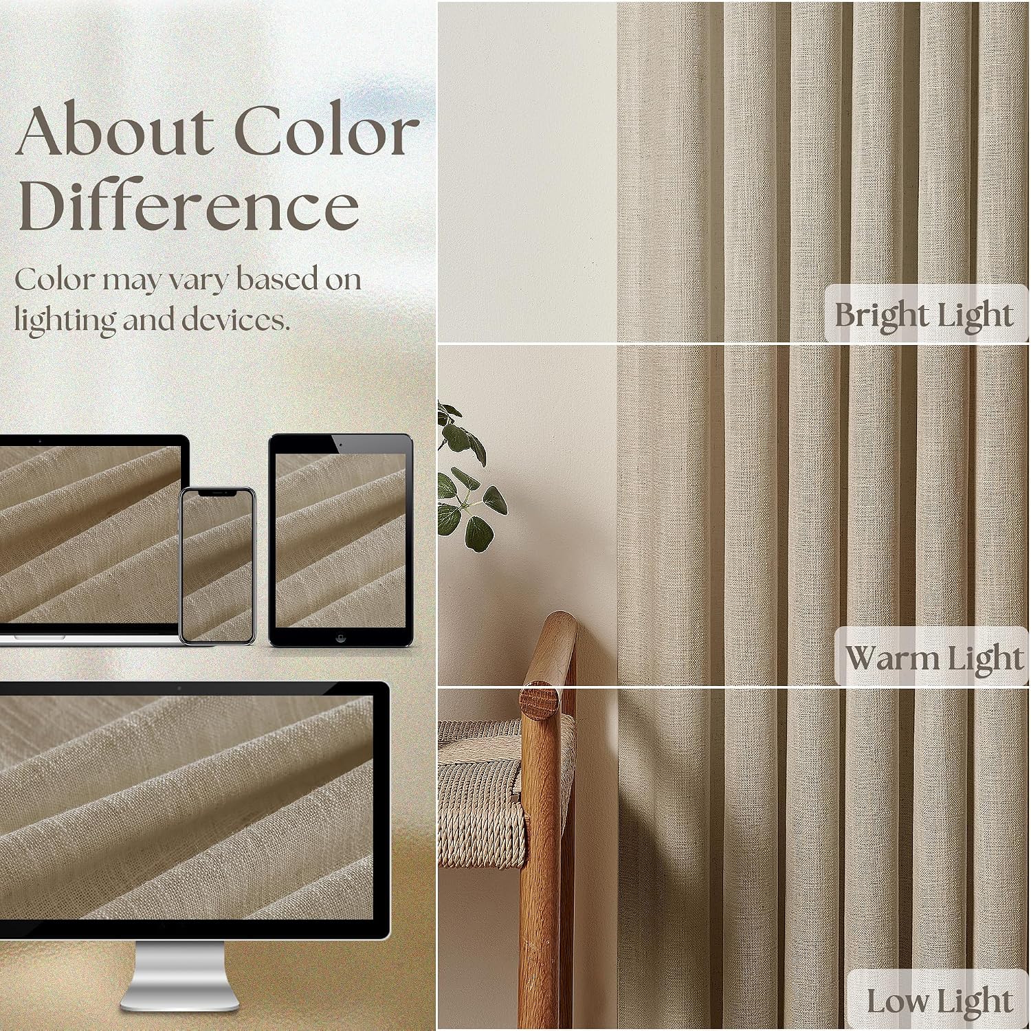 Thumbnail 3 de Pinch Pleated Linen Curtains 102 Inches Long (2-Panel Set) in Gray Beige Tan Neutral