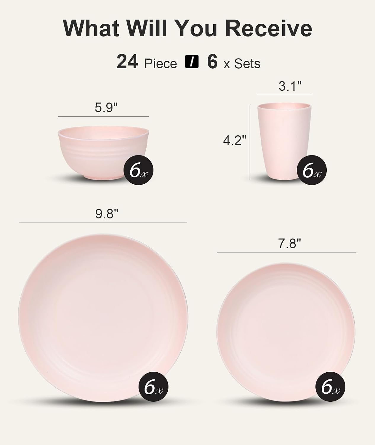 Thumbnail 1 de Quatish 24 Piece Plates and Bowls Set for 6 – Unbreakable Pink Dinnerware for Outdoors and Everyday Use