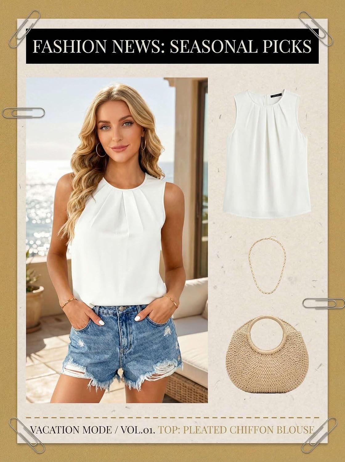 Detalle 2 de NAIOSS Damen Chiffon Top - Sommertaugliche Hemdbluse, Ärmellos, plissiert