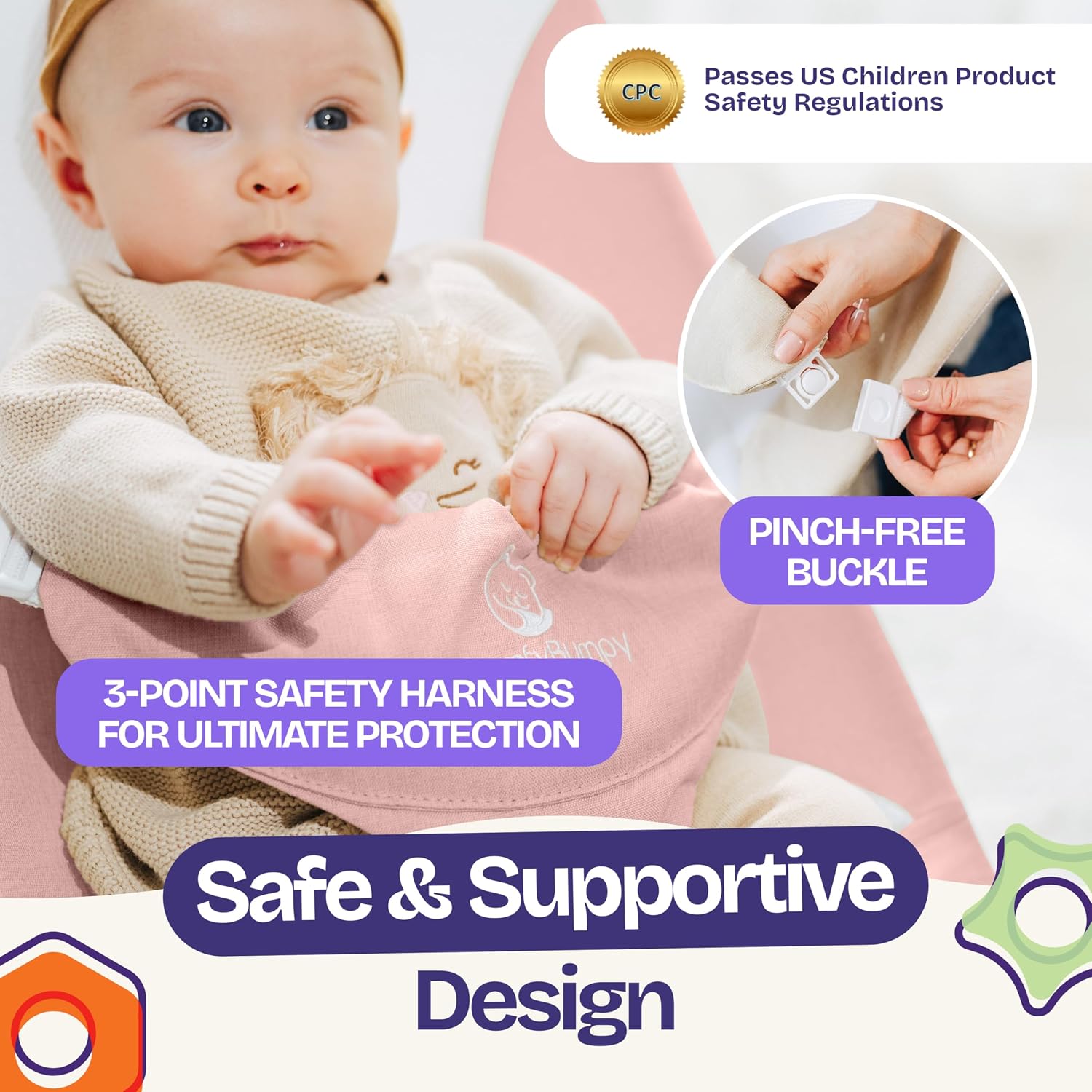 Thumbnail 6 de ComfyBumpy Baby Bouncer Seat, Organic Cotton, Breathable Mesh, Foldable
